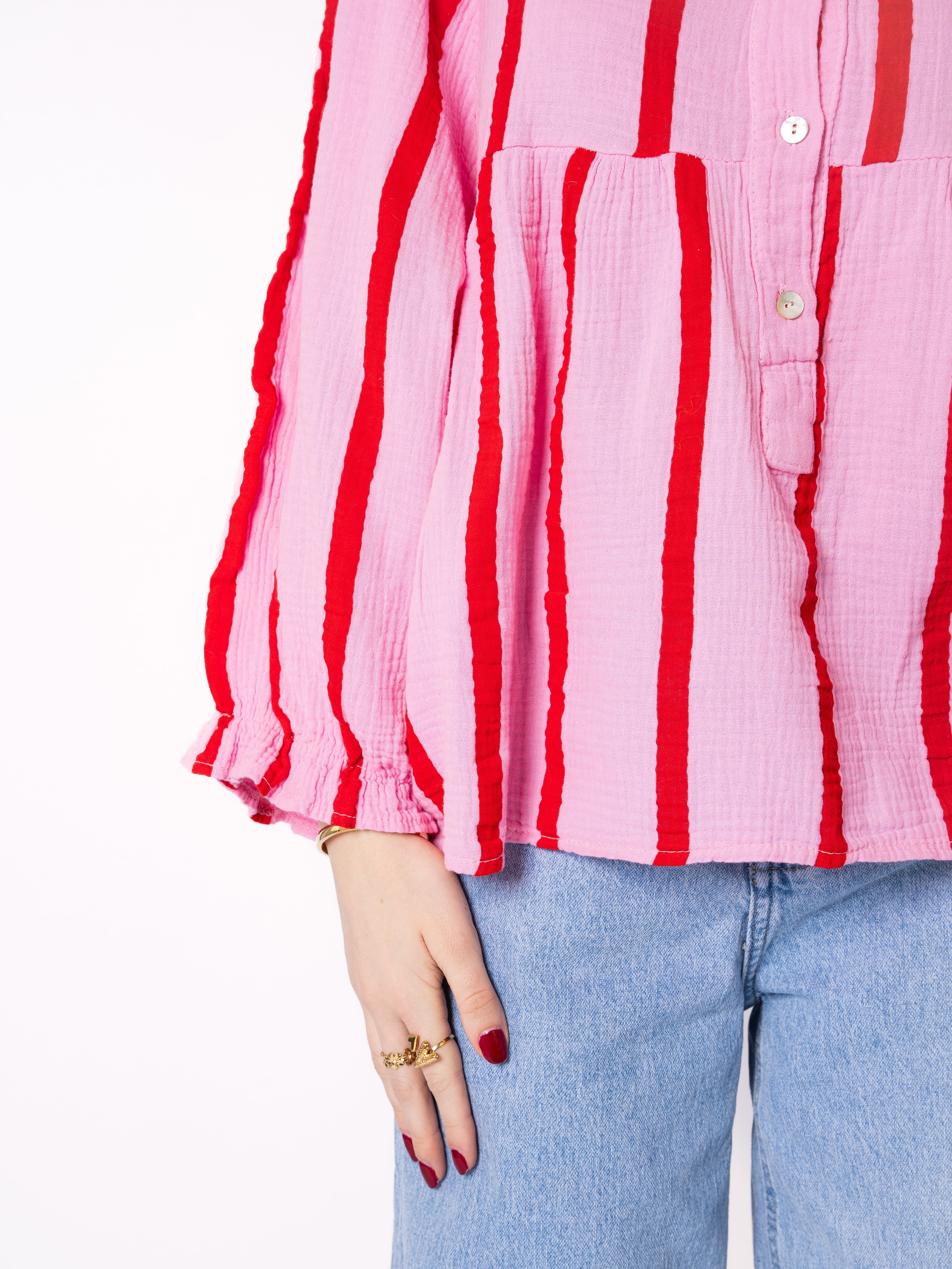 Musselinbluse Luna Wide Stripes - Rosa mit Rot