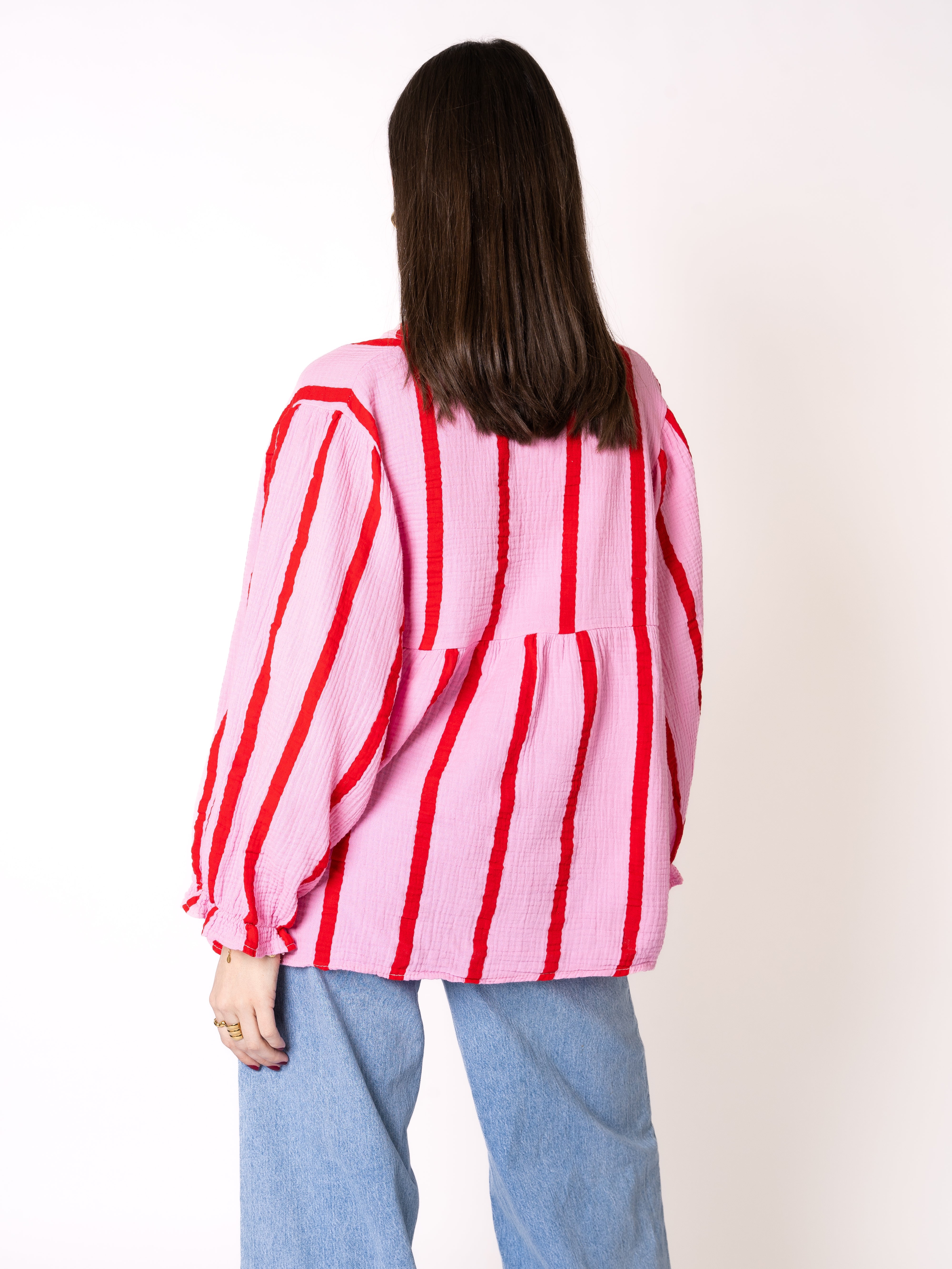 Musselinbluse Luna Wide Stripes - Rosa mit Rot