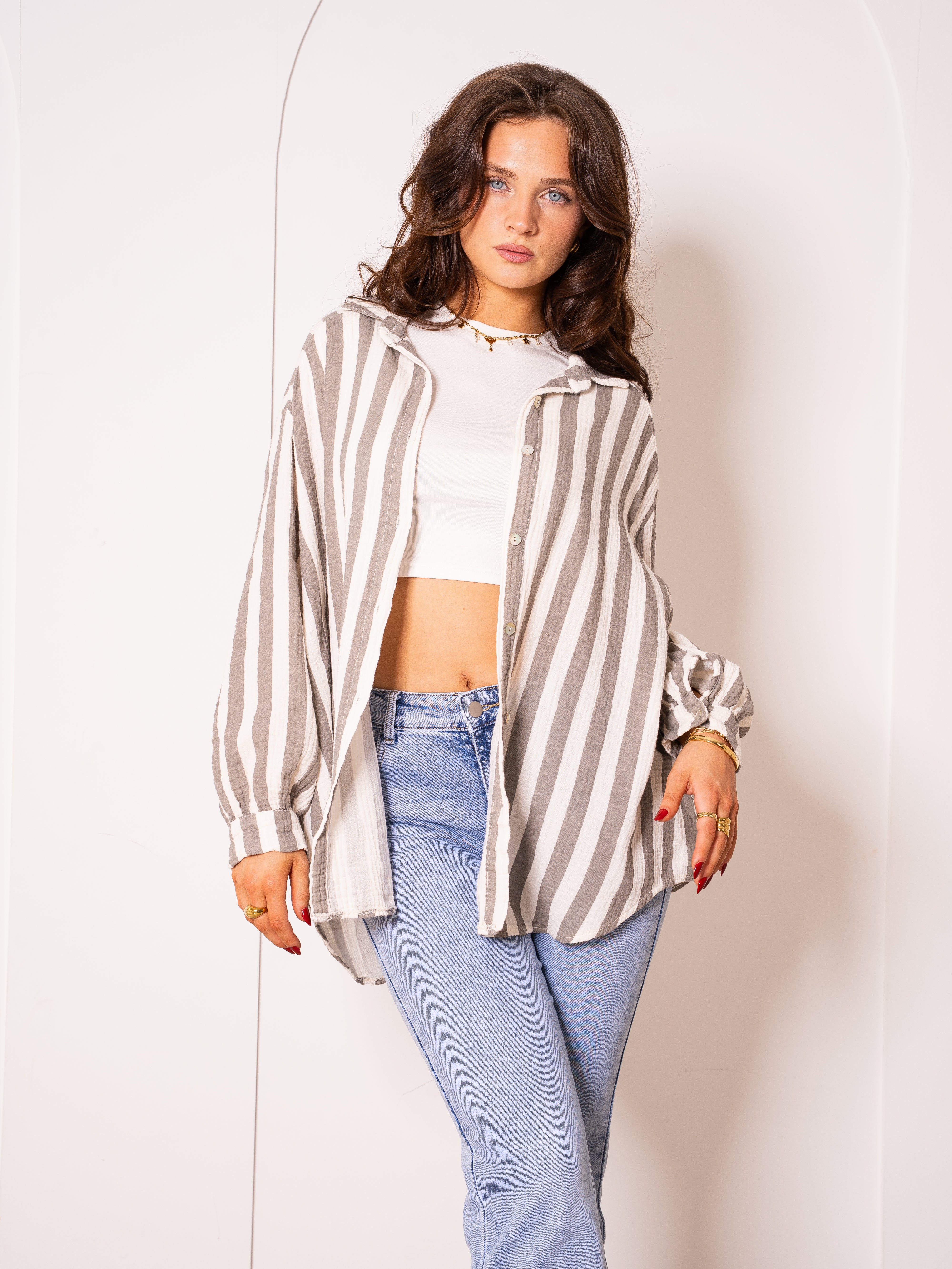 LUCKY DEAL 1258 Musselinbluse Bold Stripes - Creme/Grau - vom Umtausch ausgeschlossen -
