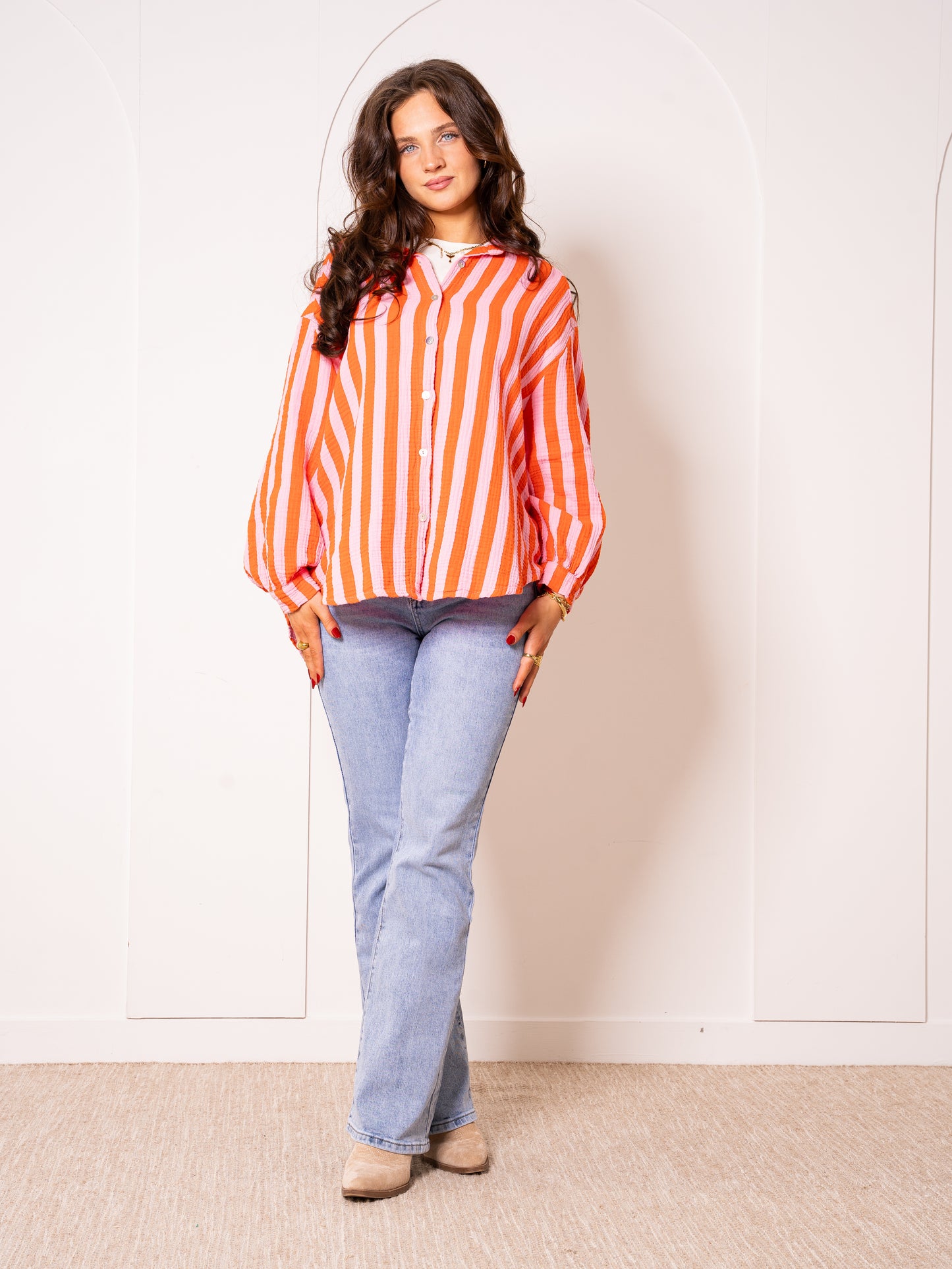 Musselinbluse Bold Stripes - Rosa/Orange
