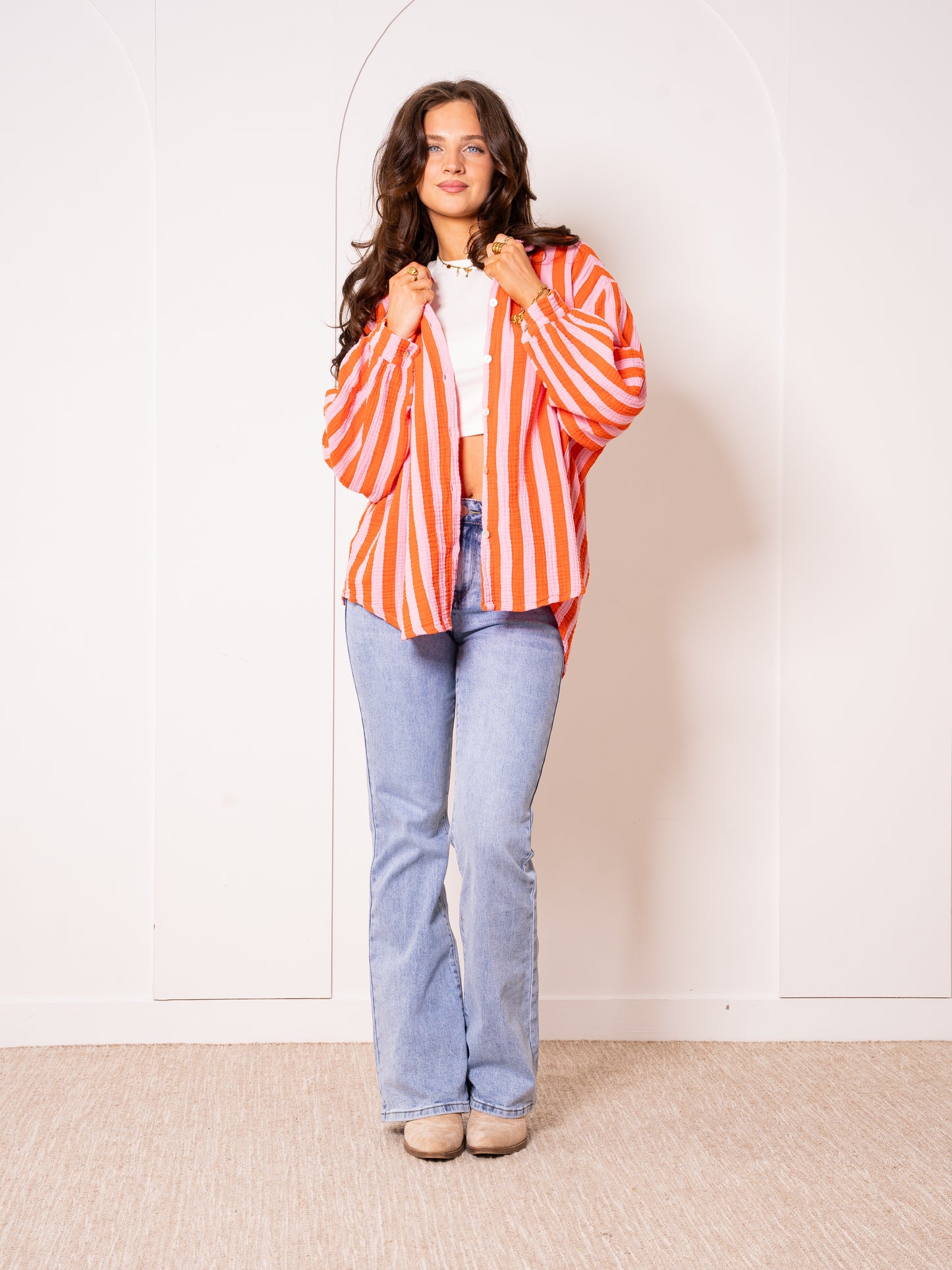 Musselinbluse Bold Stripes - Rosa/Orange