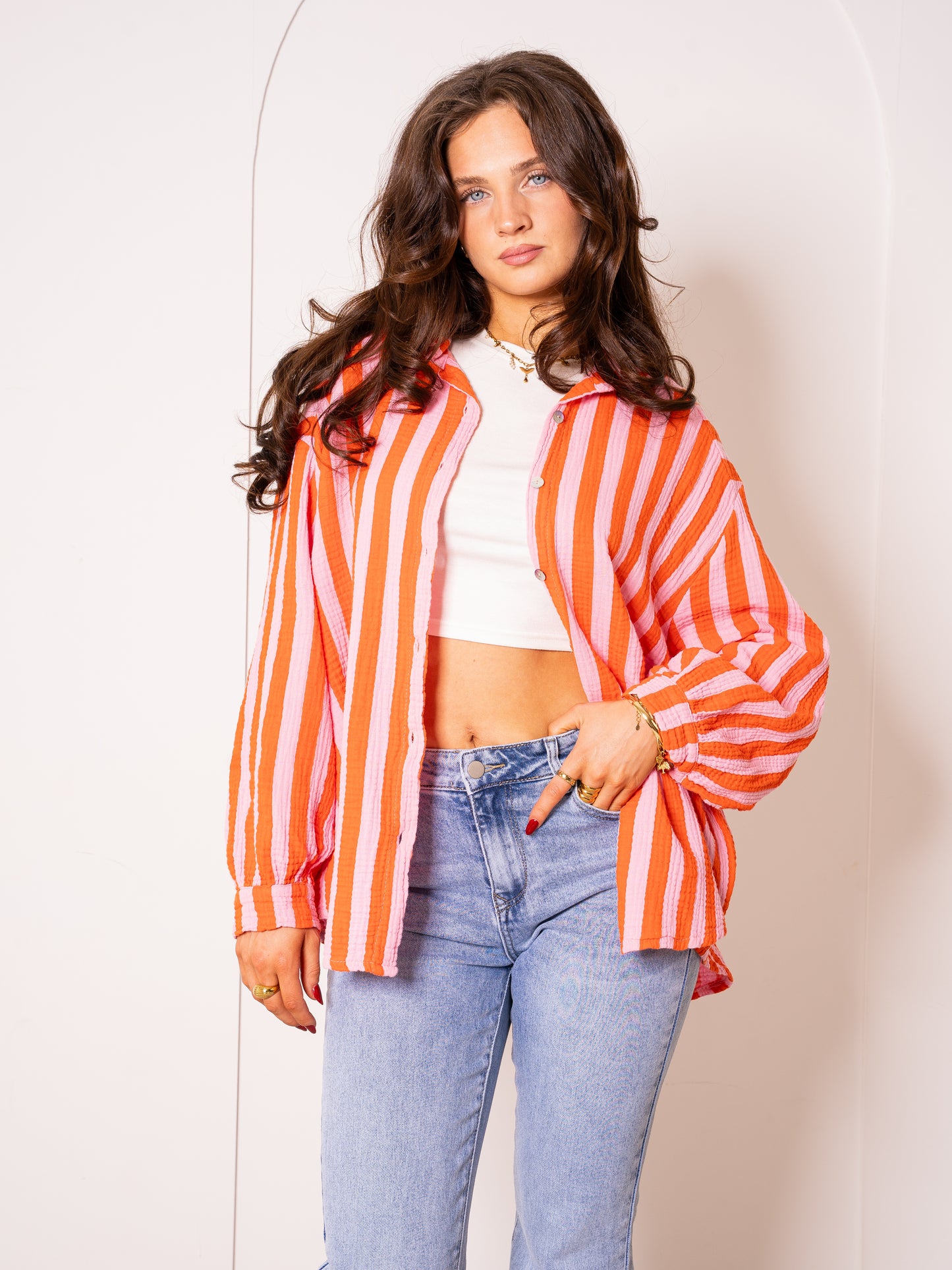 Musselinbluse Bold Stripes - Rosa/Orange