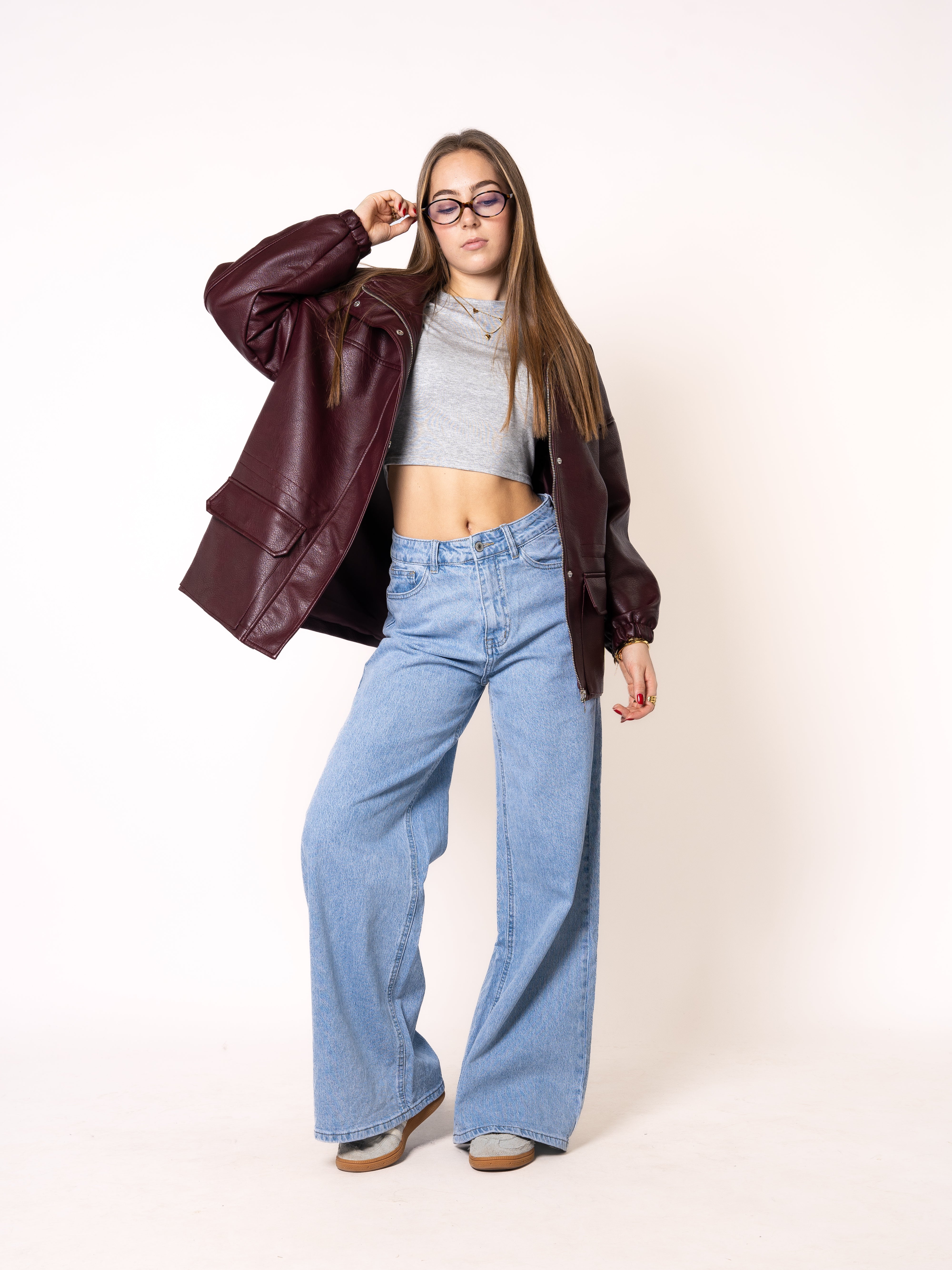 Oversize Faux Leather Jacket - Bordeaux