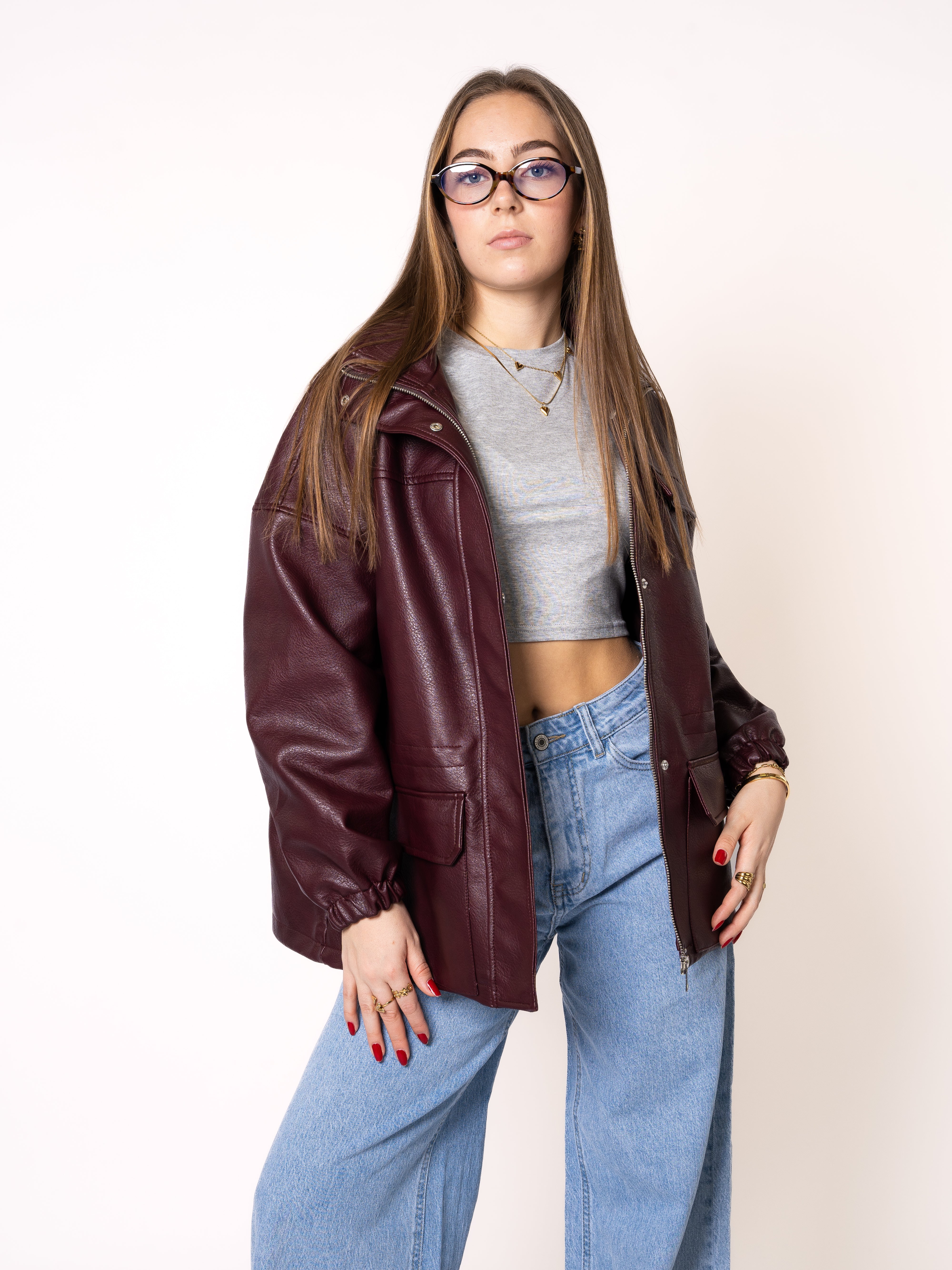 Oversize Faux Leather Jacket - Bordeaux