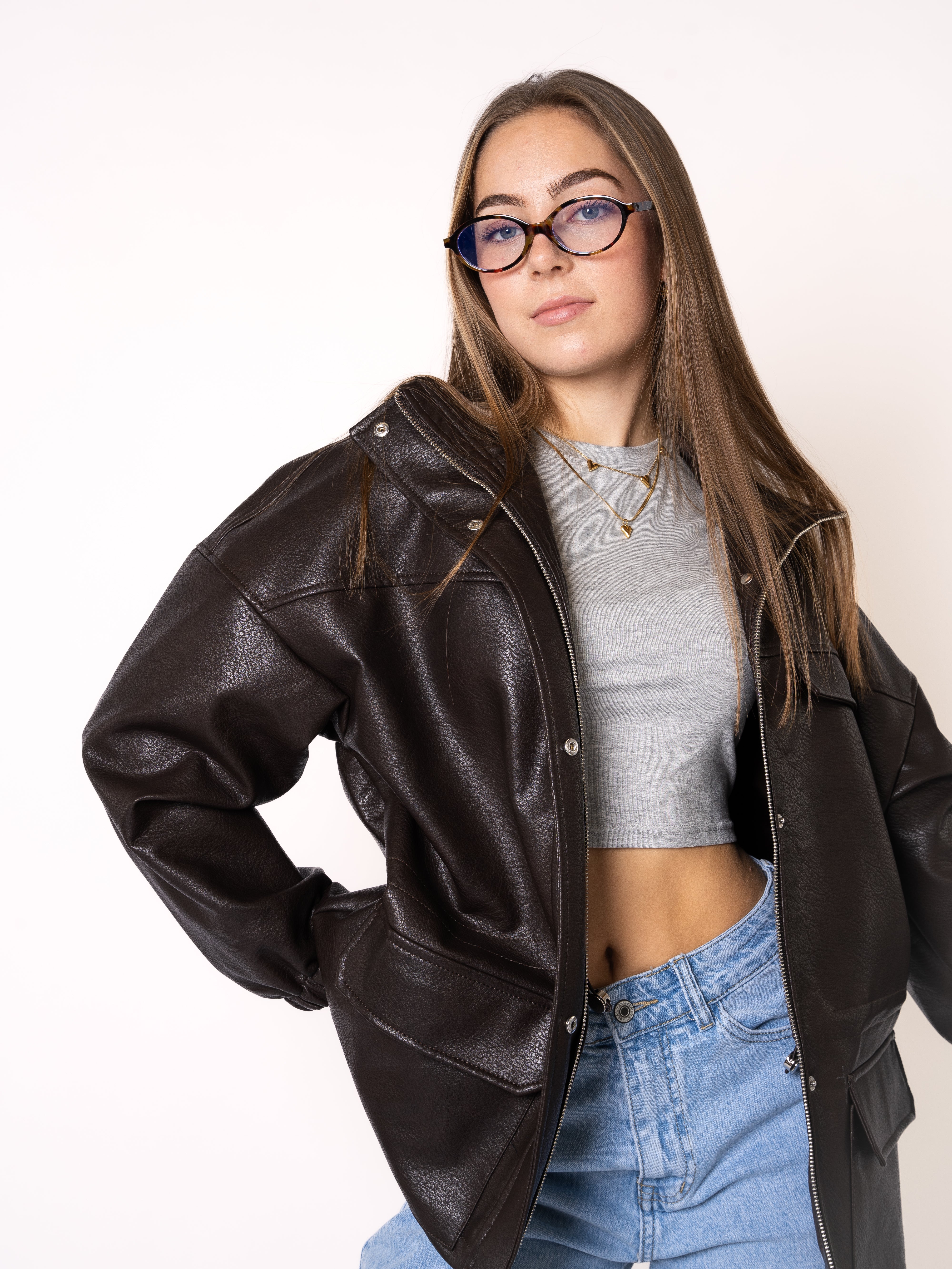 Oversize Faux Leather Jacket - Dunkelbraun