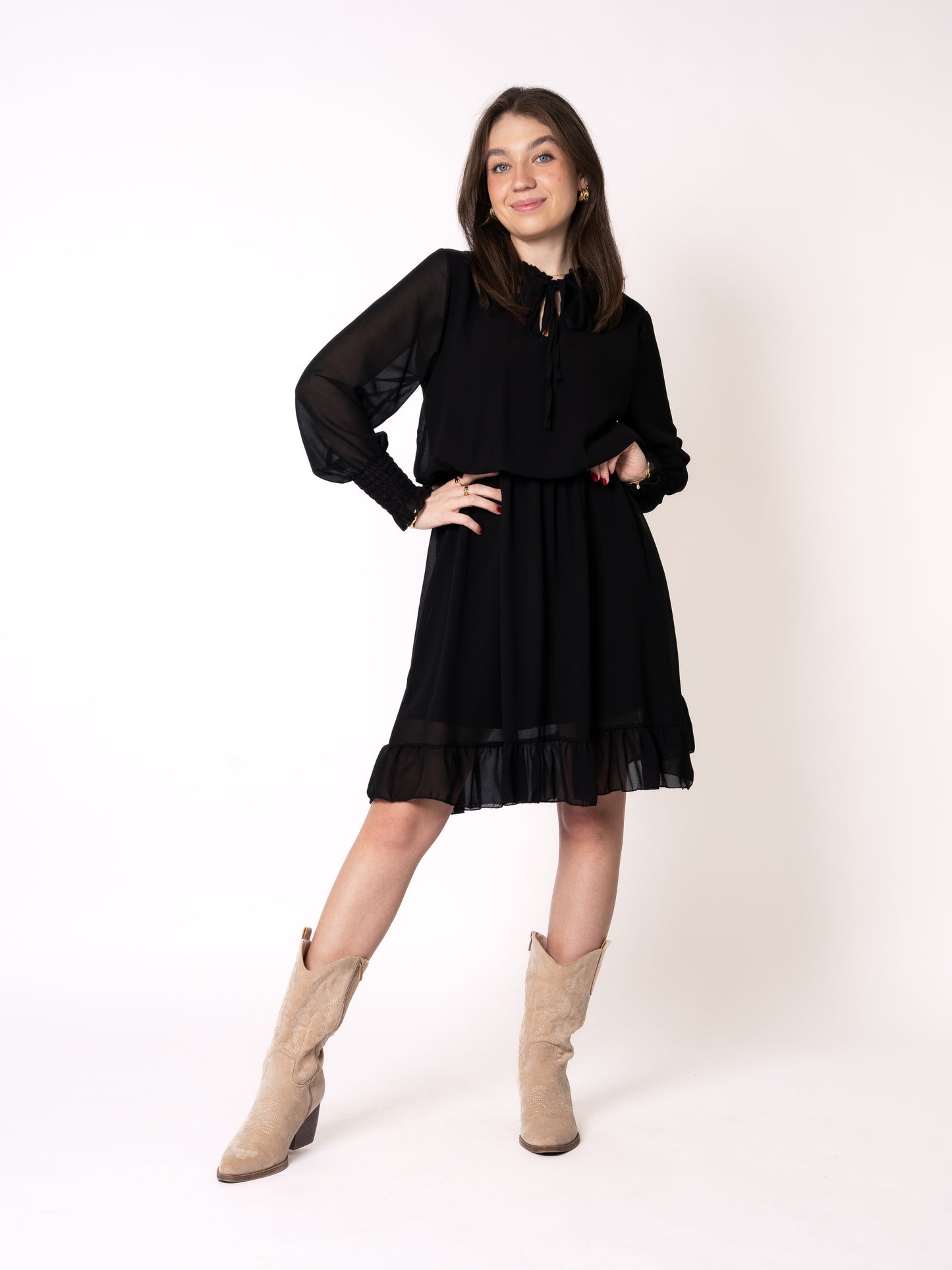 Chiffonkleid Langarm - Schwarz