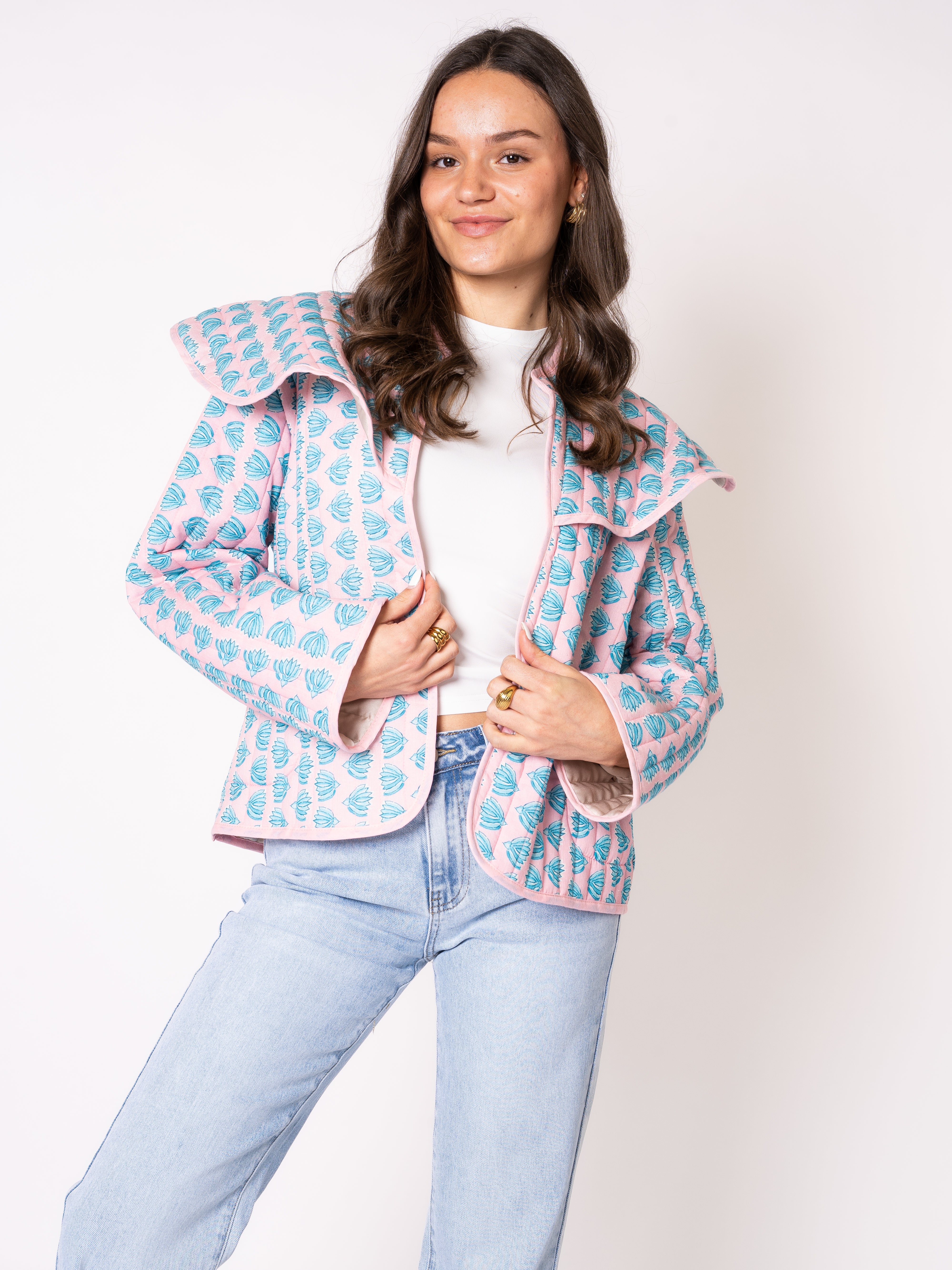 Baumwoll Steppjacke Lillian - Rosa mit Ocean Green