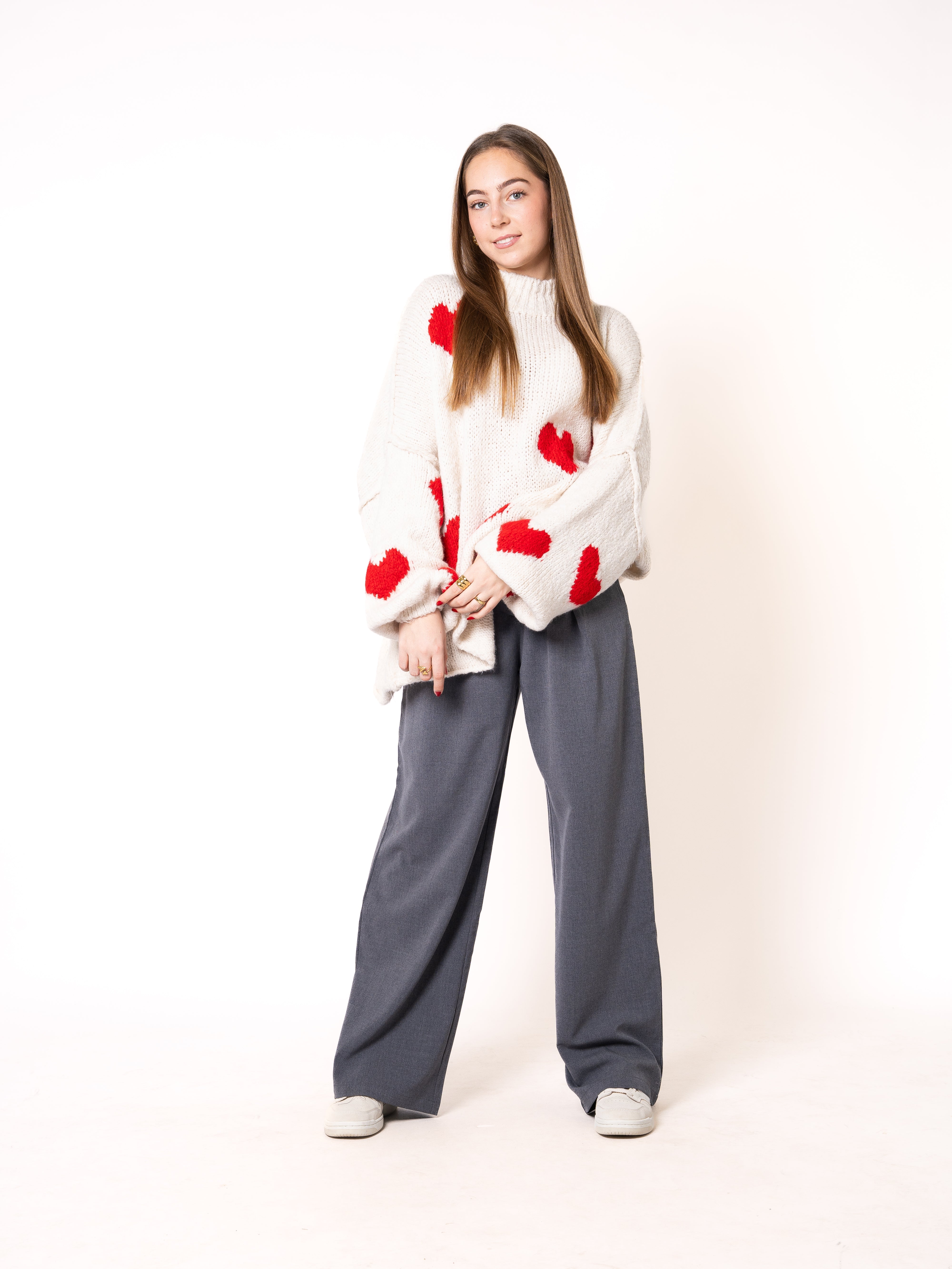 Strickpullover Felina mit Herzchen - Creme mit Rot