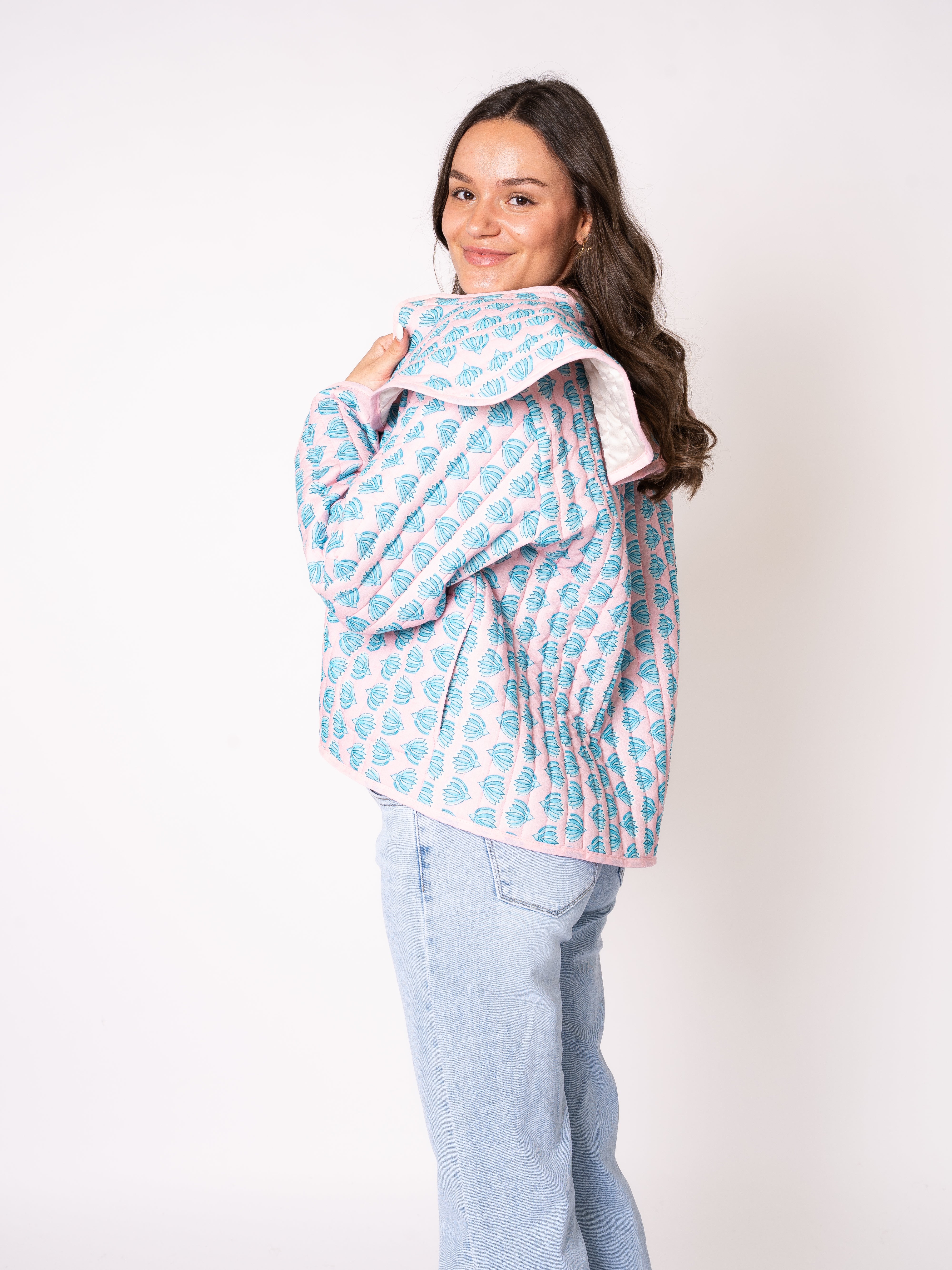Baumwoll Steppjacke Lillian - Rosa mit Ocean Green