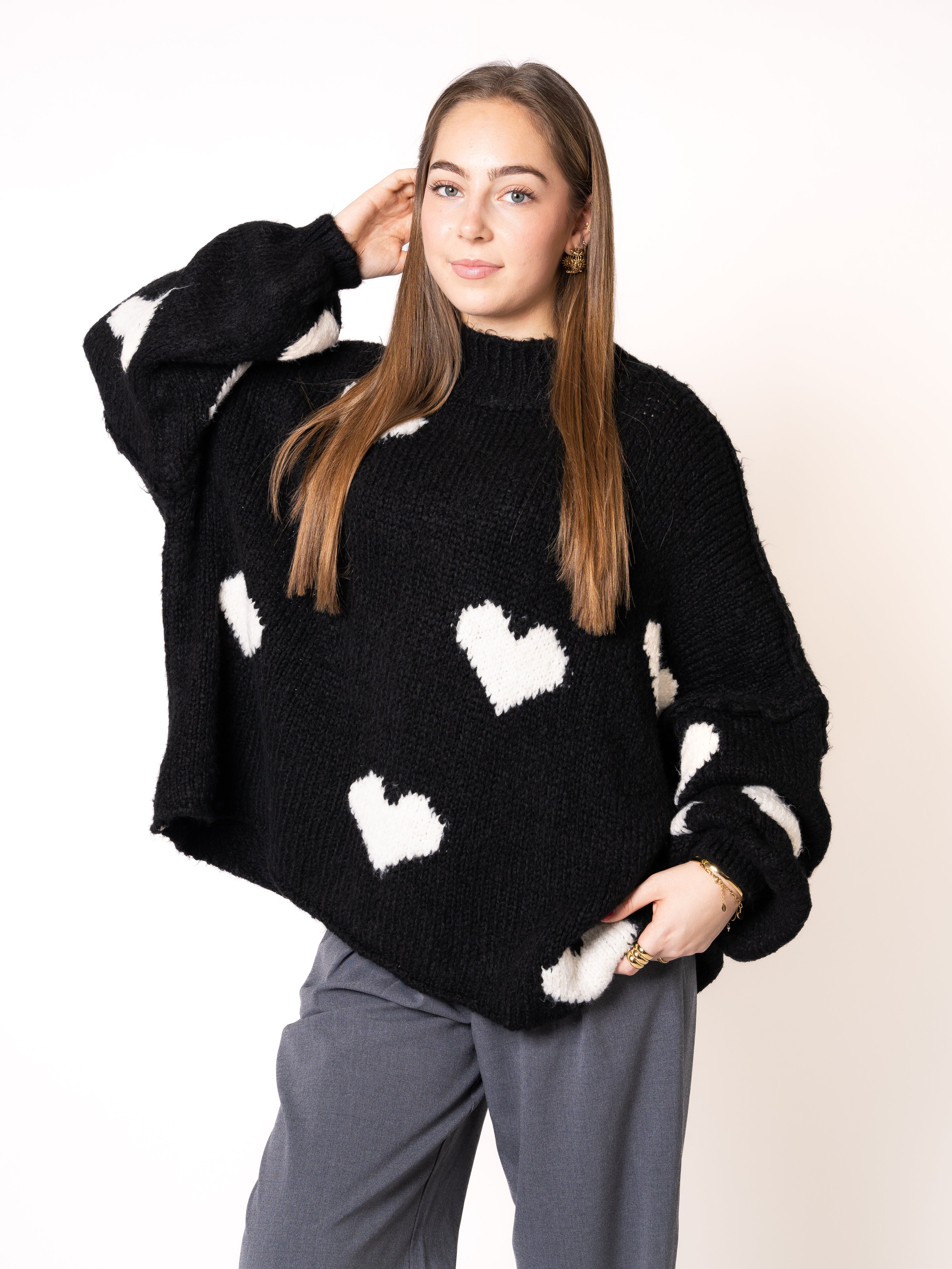 Strickpullover Felina mit Herzchen - Schwarz