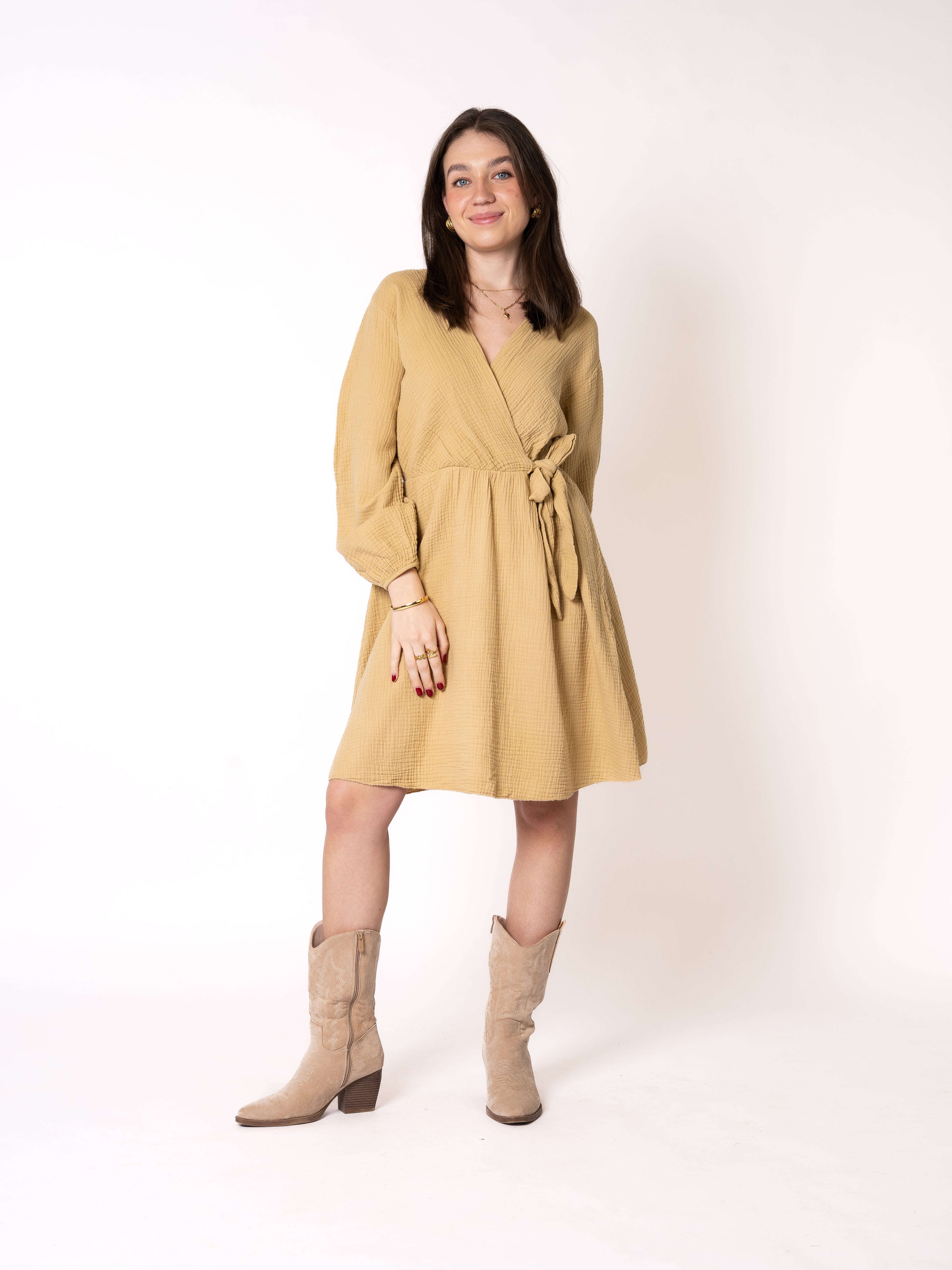Musselin Langarm Wickelkleid Mathilda - Senfgelb
