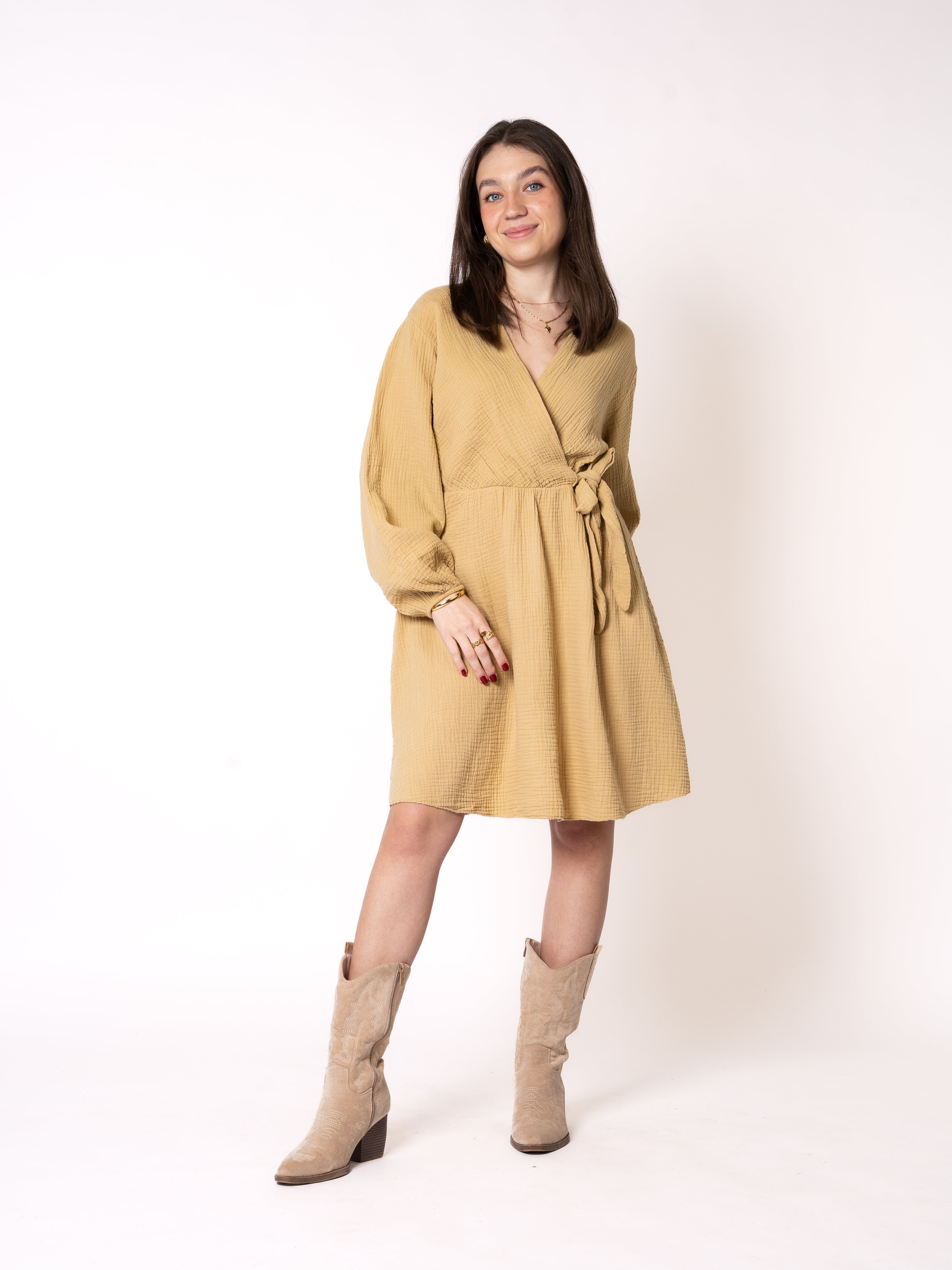 Musselin Langarm Wickelkleid Mathilda - Senfgelb