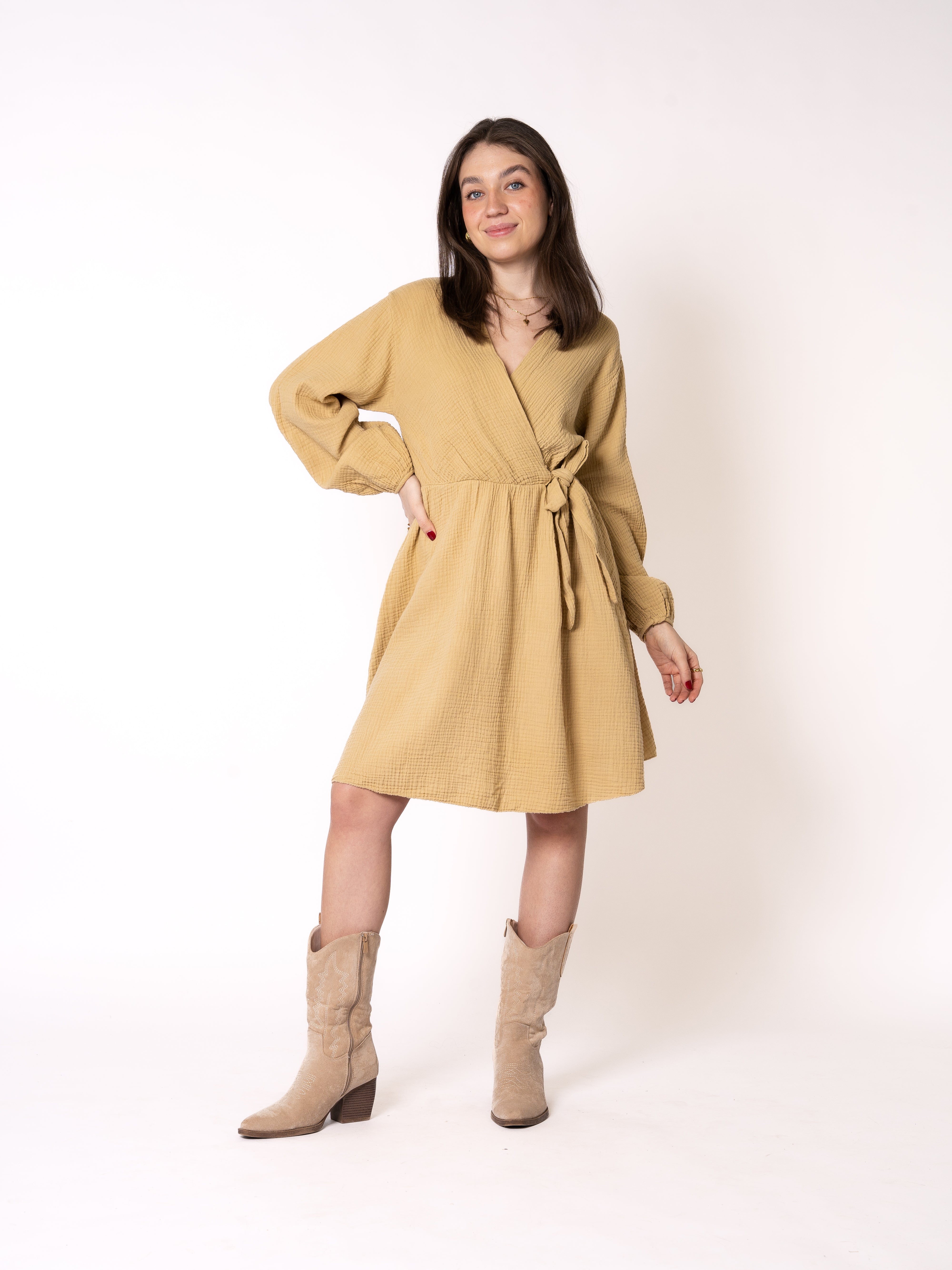 Musselin Langarm Wickelkleid Mathilda - Senfgelb