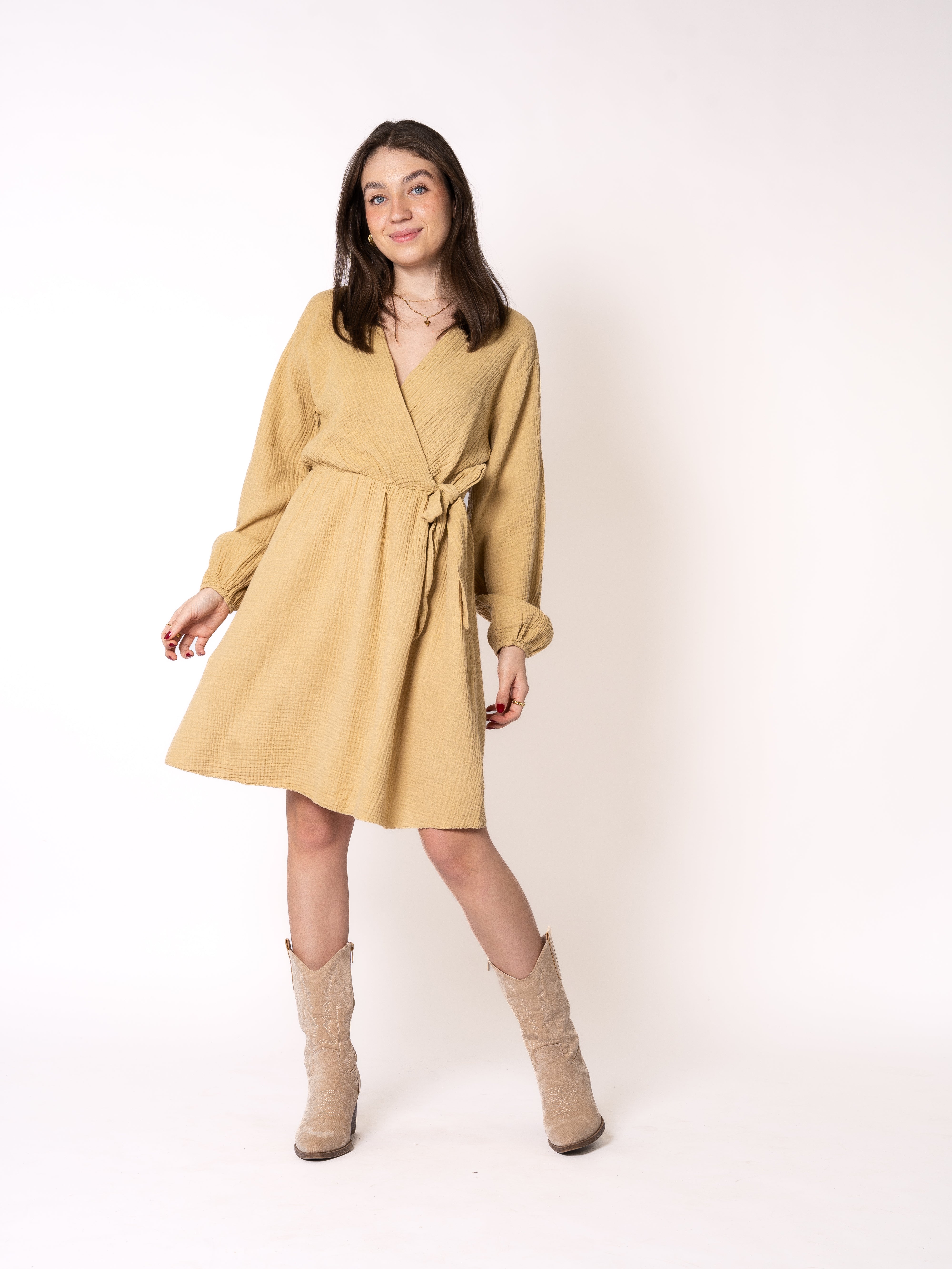 Musselin Langarm Wickelkleid Mathilda - Senfgelb
