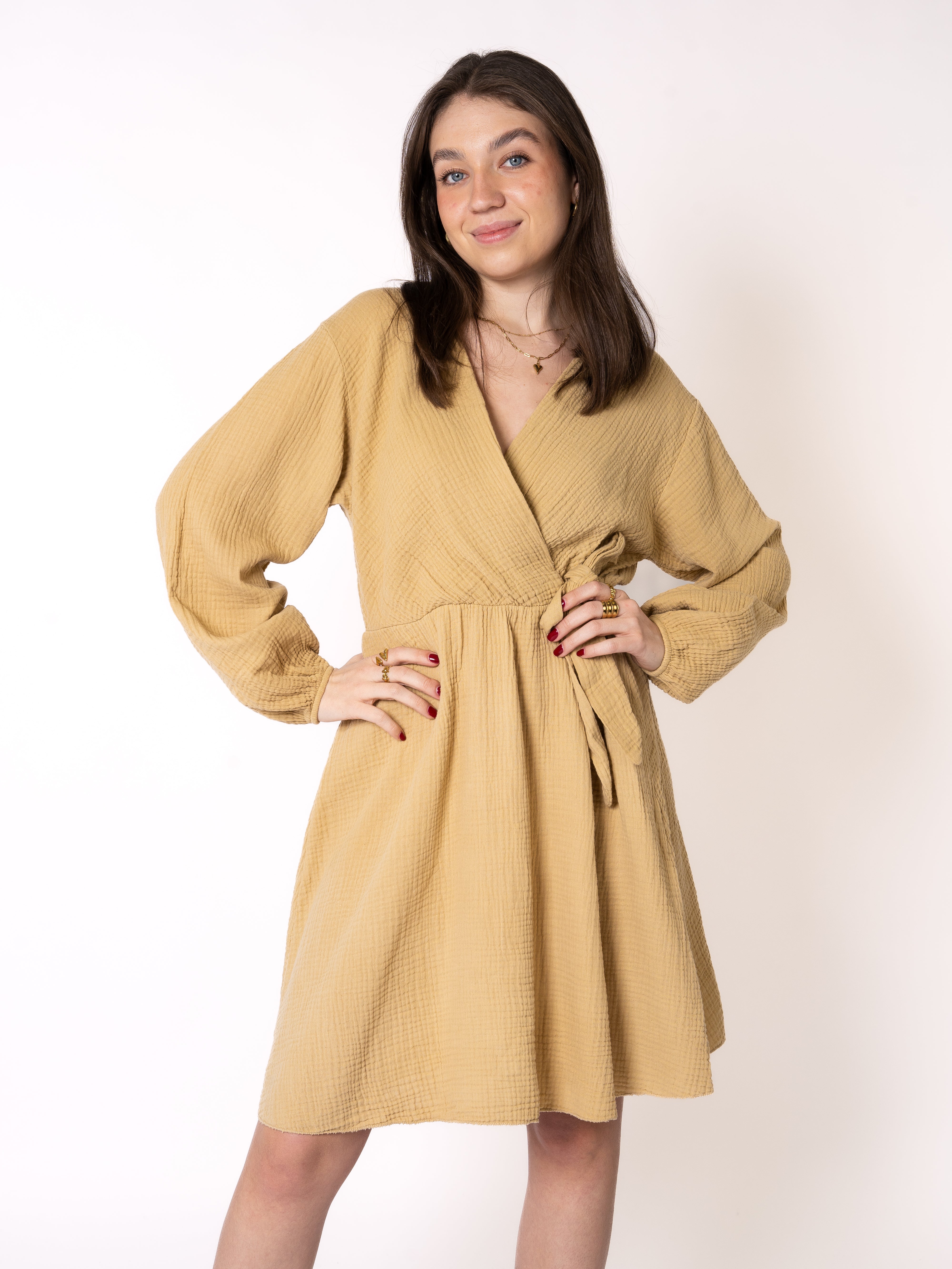 Musselin Langarm Wickelkleid Mathilda - Senfgelb