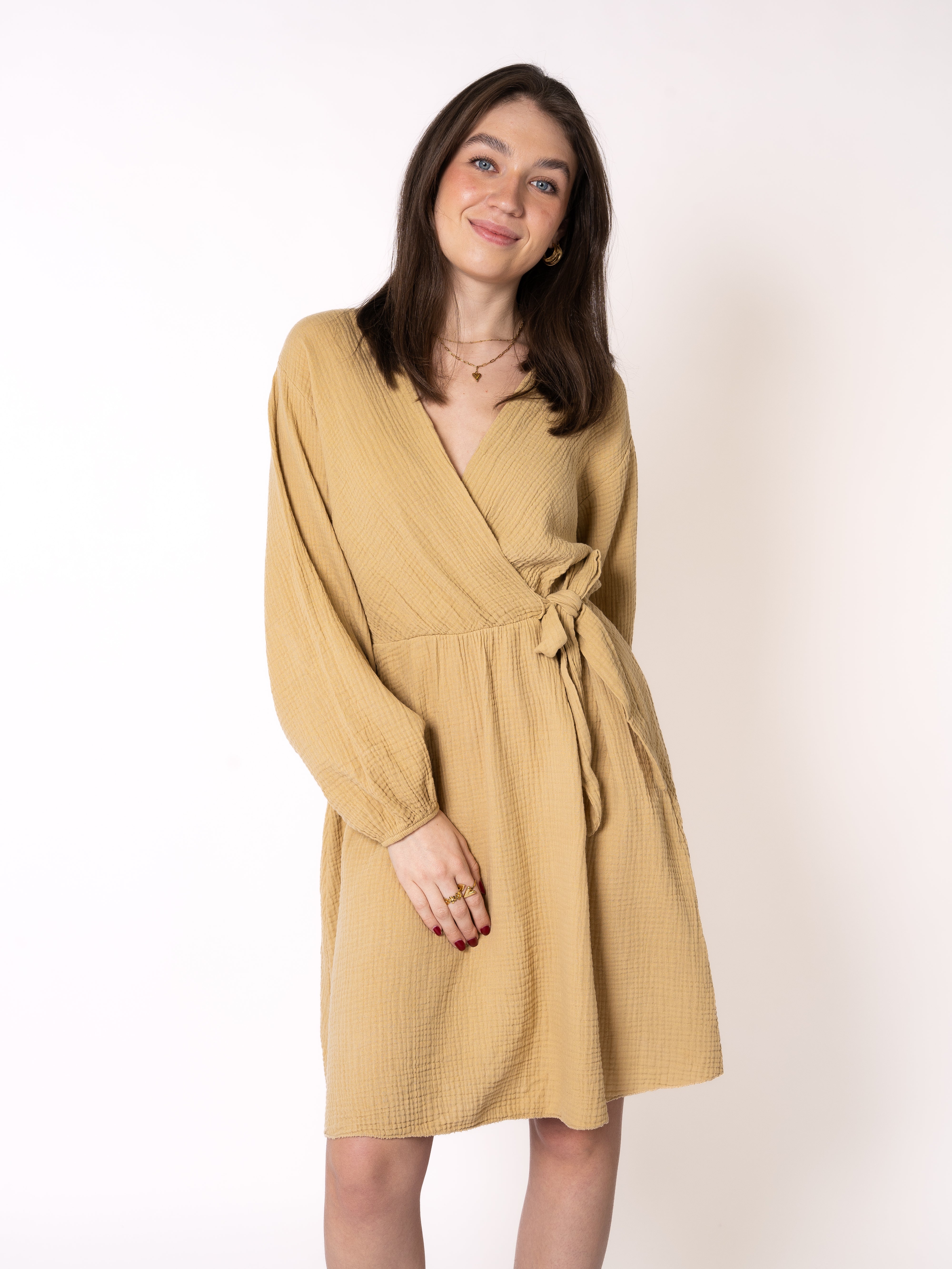 Musselin Langarm Wickelkleid Mathilda - Senfgelb