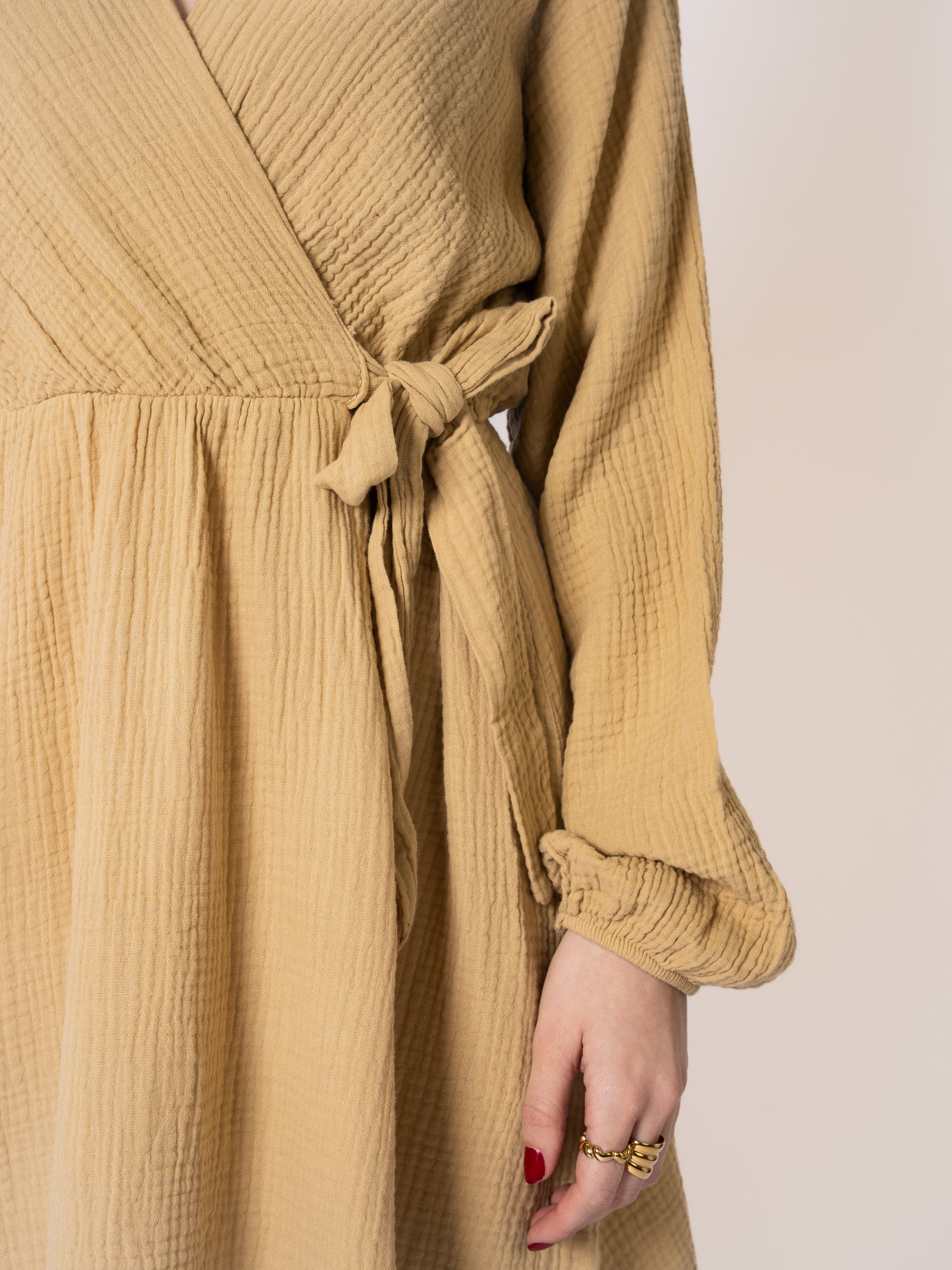 Musselin Langarm Wickelkleid Mathilda - Senfgelb