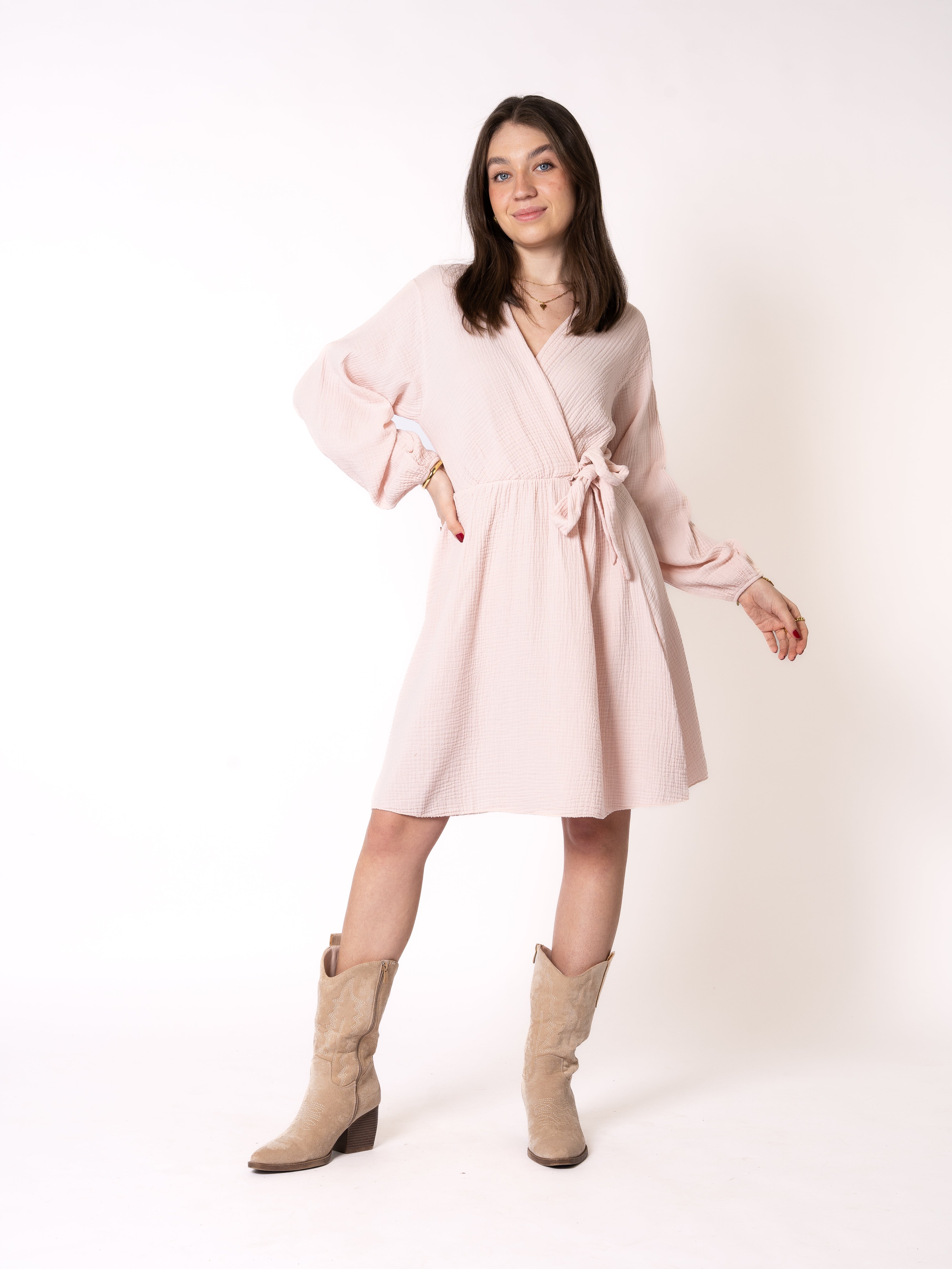 Musselin Langarm Wickelkleid Mathilda - Hellrosa