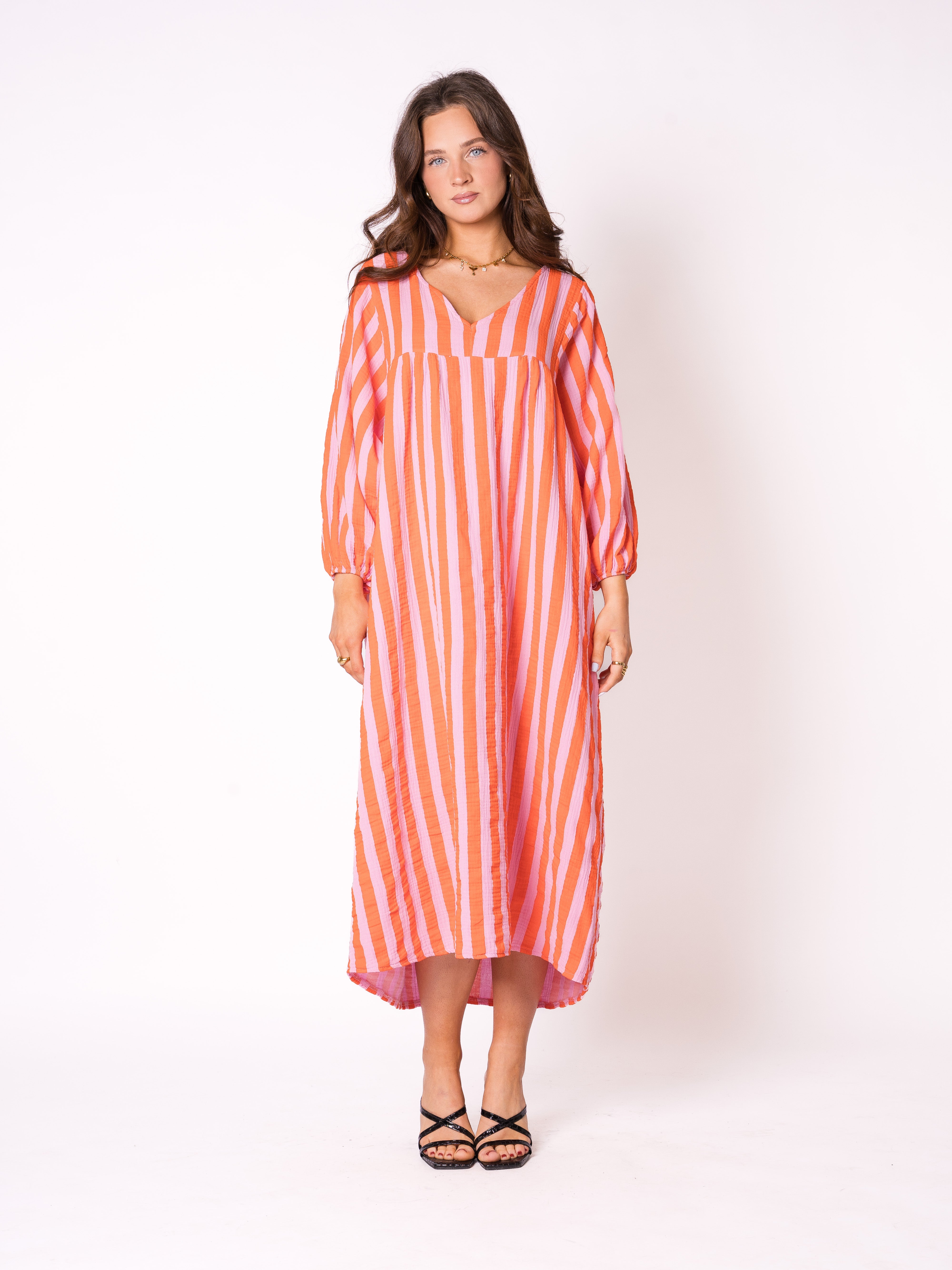 Musselin Midikleid Lotta Stripes - Rosa/Orange
