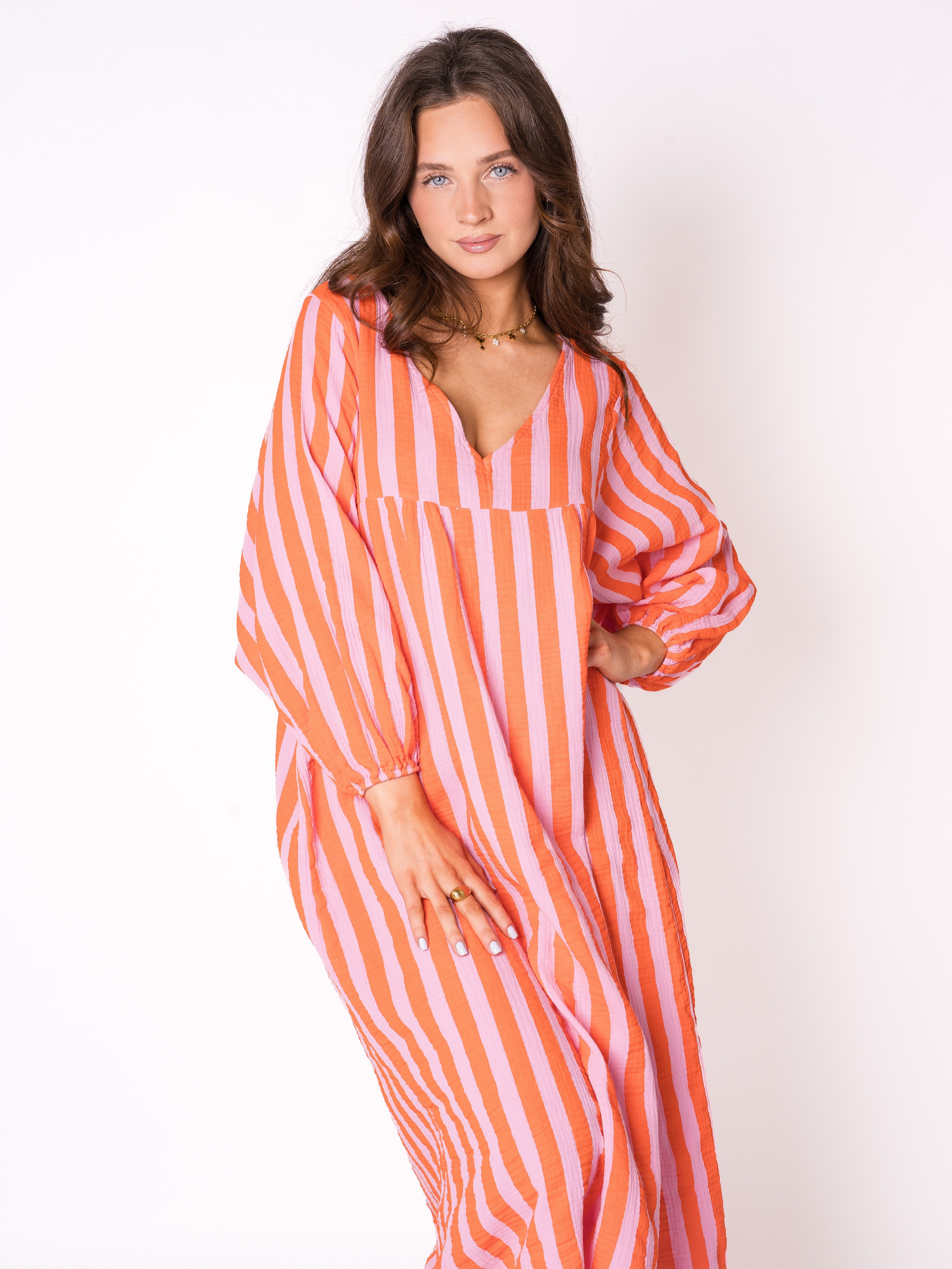 Musselin Midikleid Lotta Stripes - Rosa/Orange