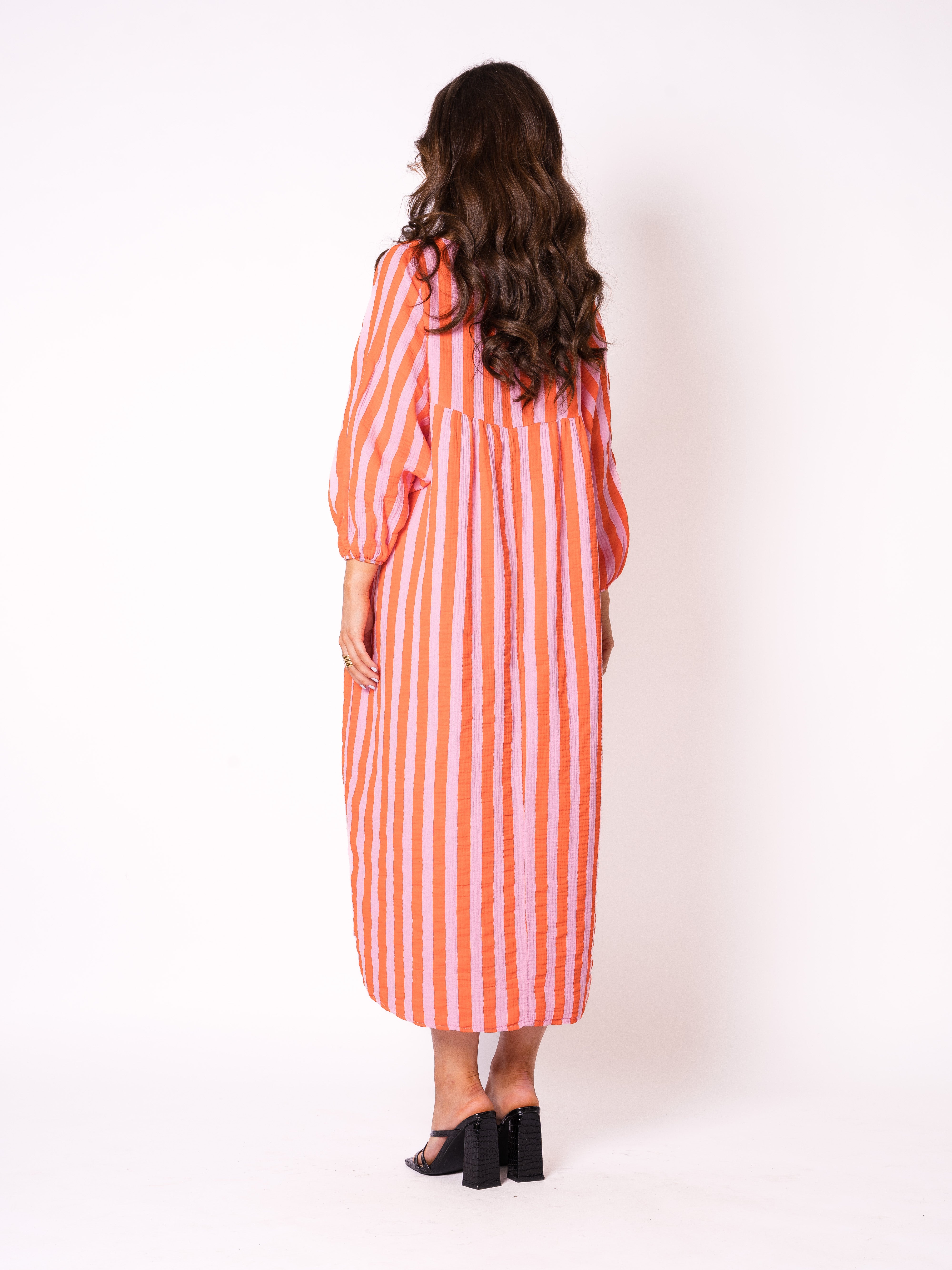 Musselin Midikleid Lotta Stripes - Rosa/Orange