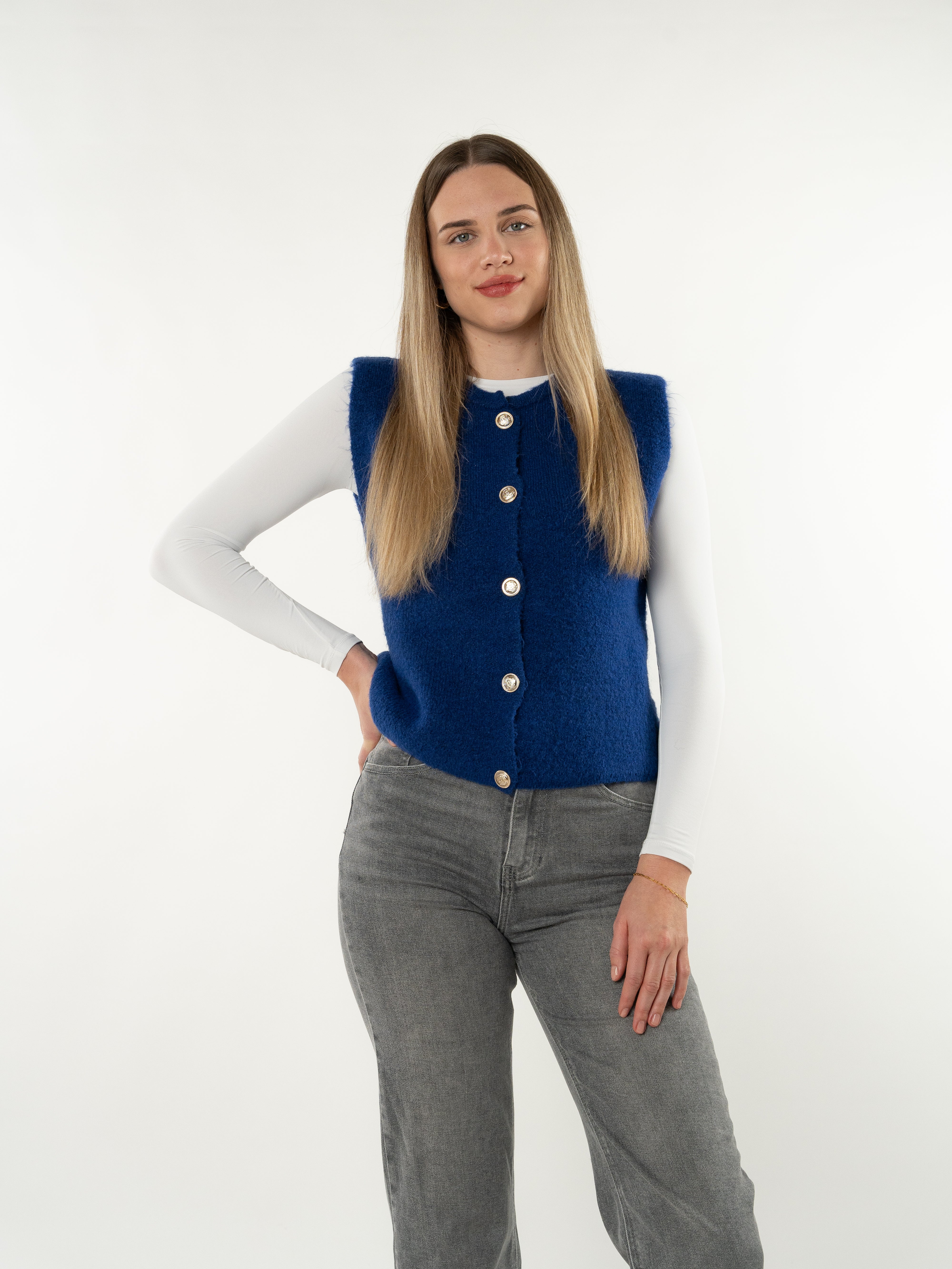 Feinstrick Weste mit goldenen Knöpfen Leana - Navy Blue