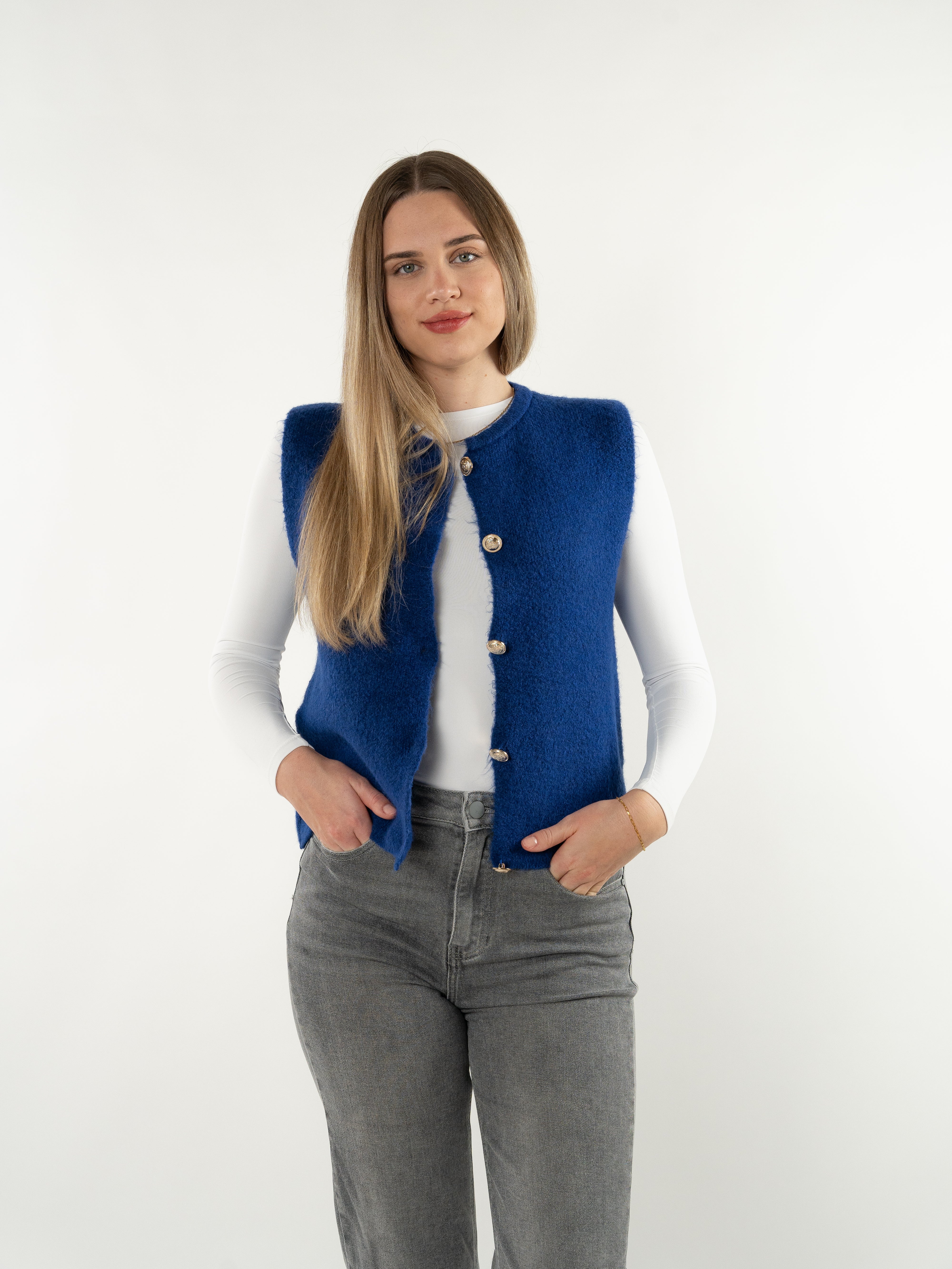 Feinstrick Weste mit goldenen Knöpfen Leana - Navy Blue
