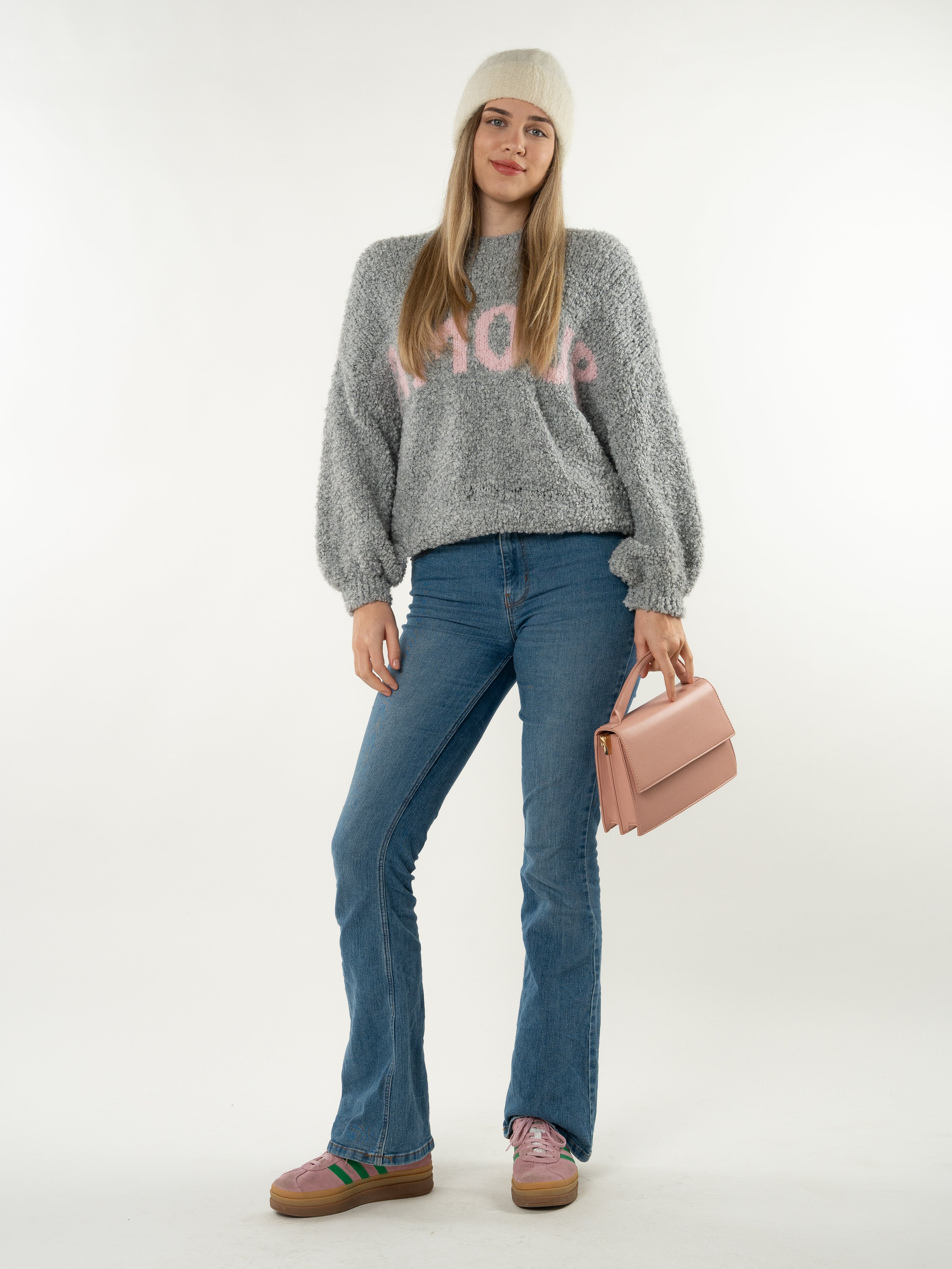 Amour Bouclé Strickpullover - Hellgrau
