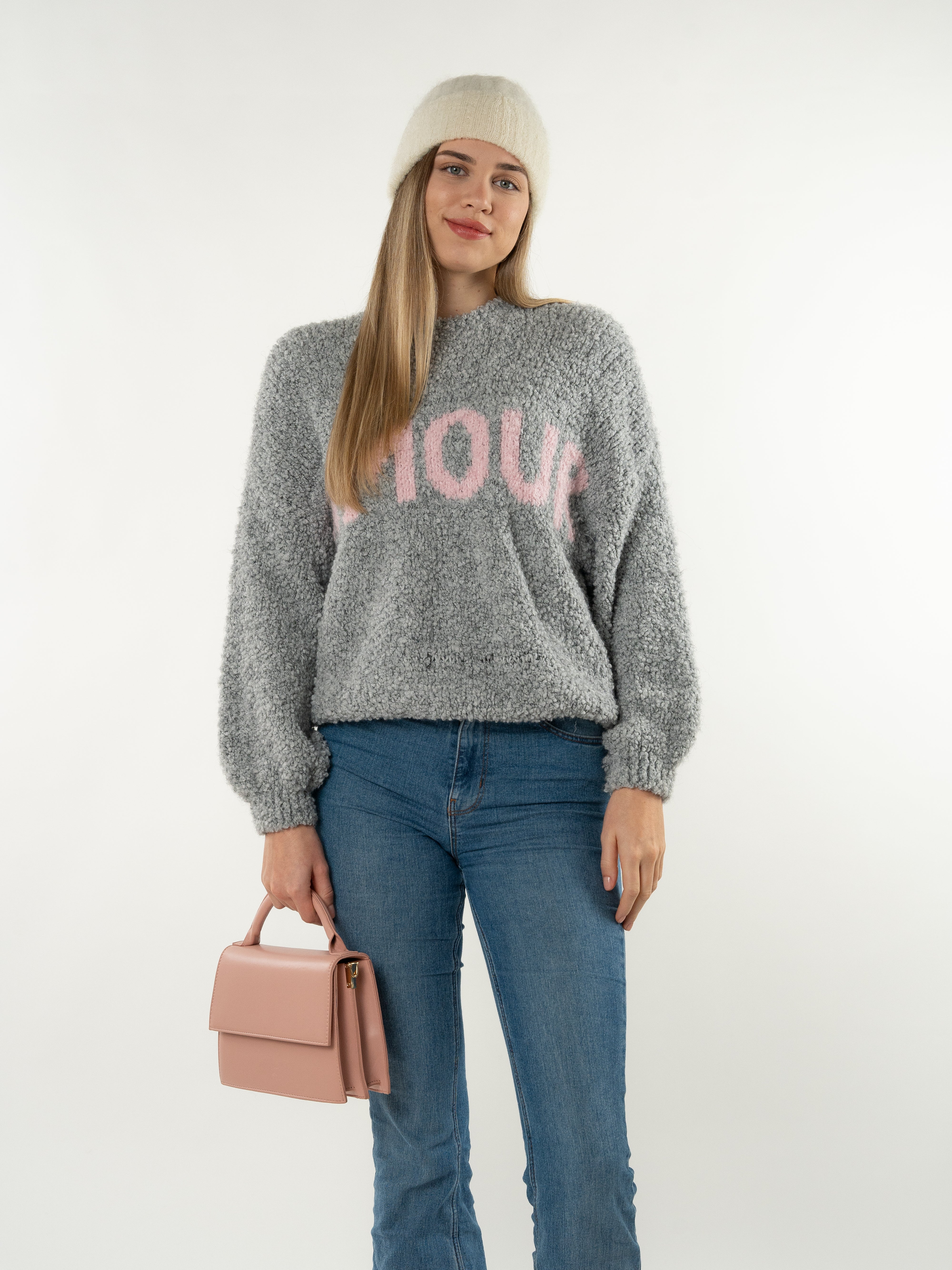 Amour Bouclé Strickpullover - Hellgrau