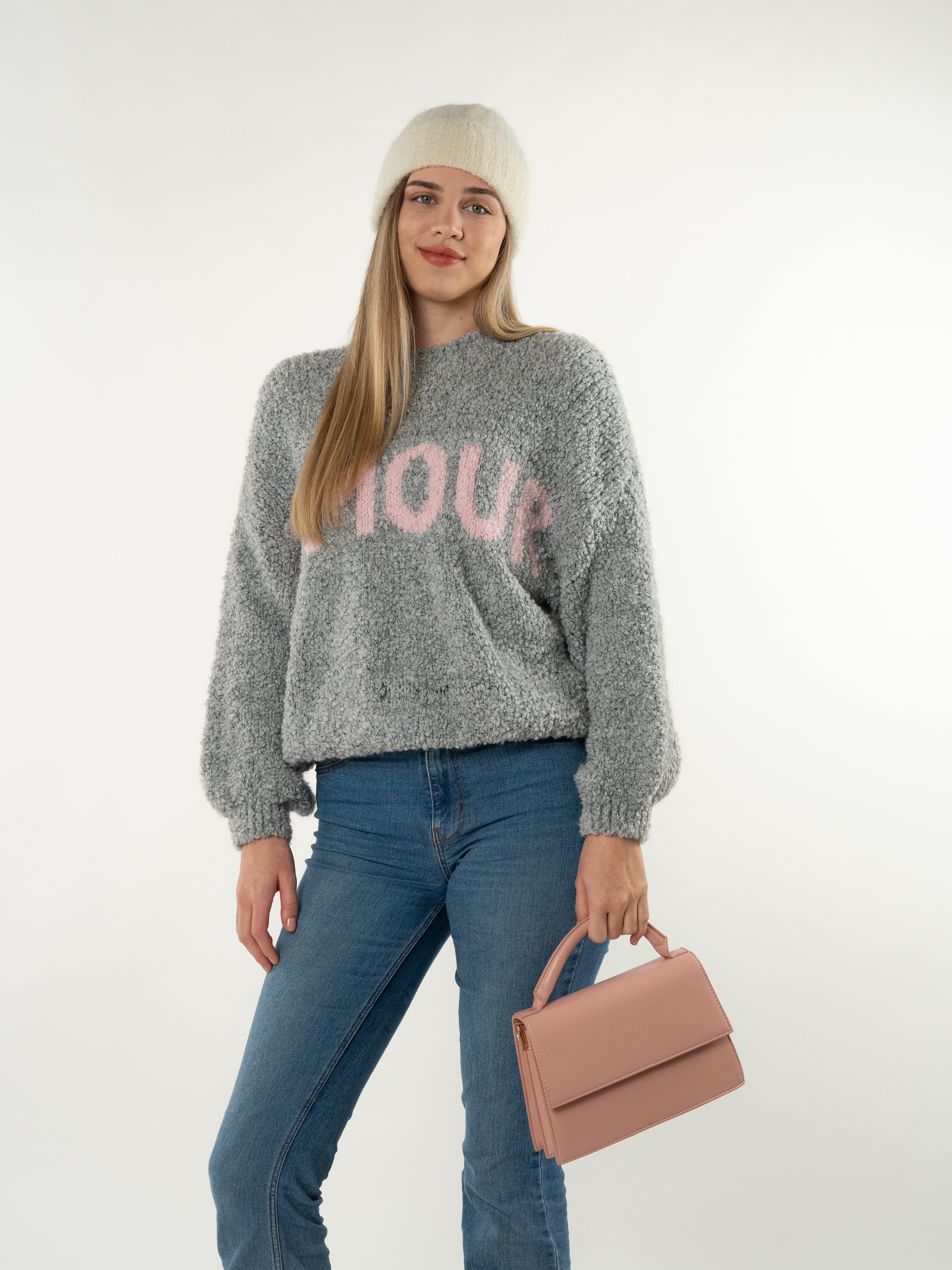 Amour Bouclé Strickpullover - Hellgrau