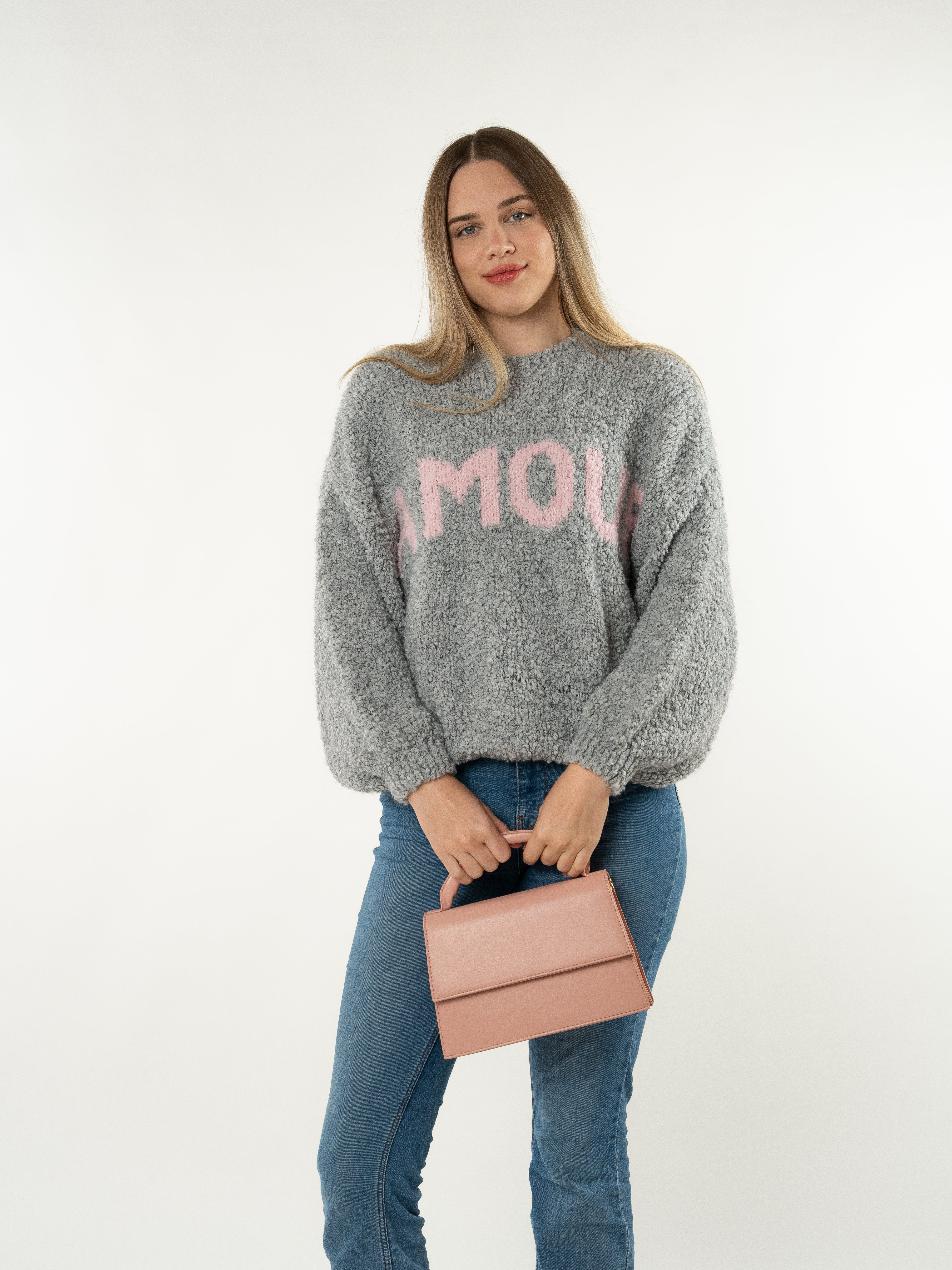 Amour Bouclé Strickpullover - Hellgrau